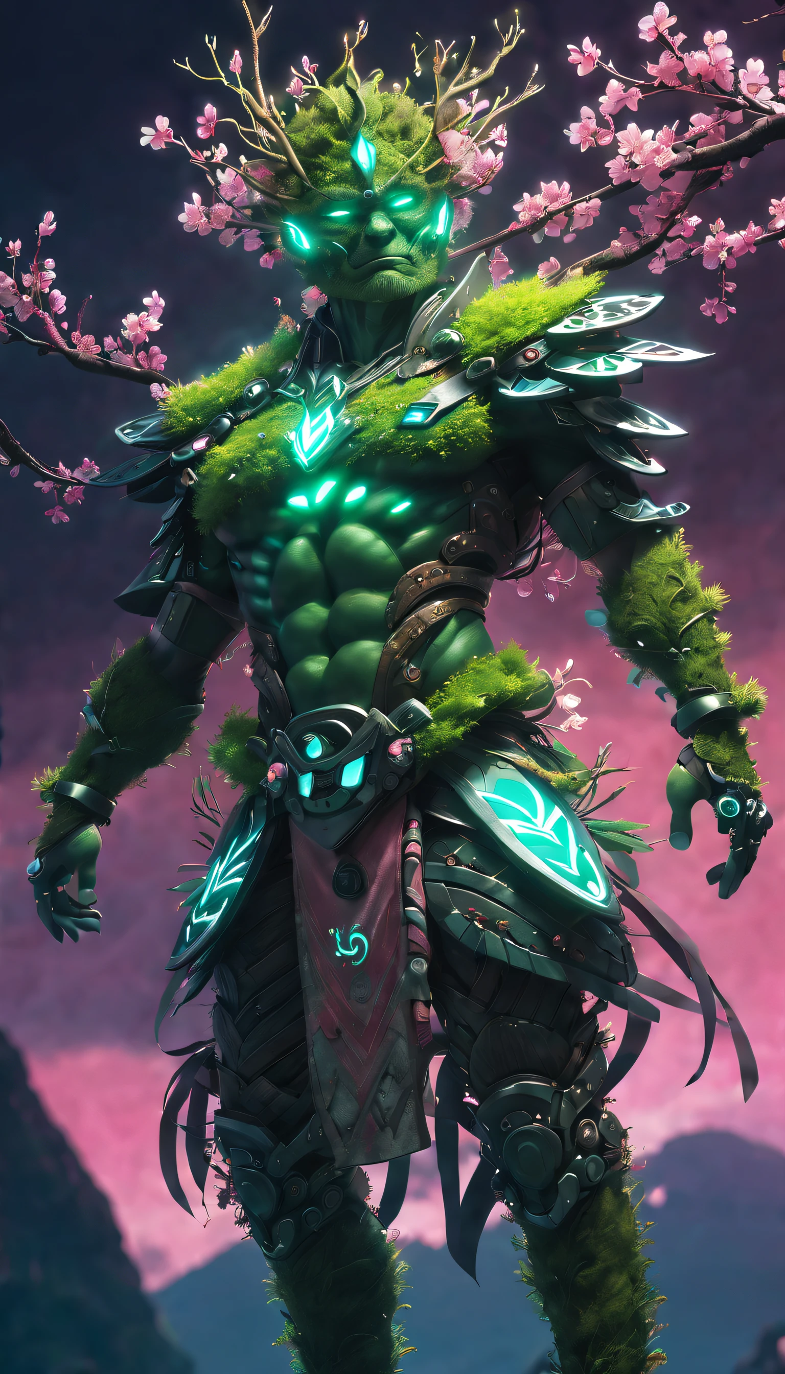 (The king)，(Cyberpunk Treeman)，metal leaves，wired branches，glowing light eyes，mechanical bark，with moss-covered bark，tribe outfit，(ancient tribal markings)，control tendrils extending from the arms，Neon lights dancing on the body，(Lightning around branches and leaves)，(peach blossom)，Soft and delicate petals，vivd colour，(A harmonious blend of green and pink)，(Ominous dark clouds in the sky)，Night atmosphere，A futuristic，Vivid colors and high-contrast lighting，Dramatic shadows and highlights.(best quality, 4k, 8k, masterpiece: 1.2), ultra fine, (realistic, photo realistic, photo realistic: 1.37)
