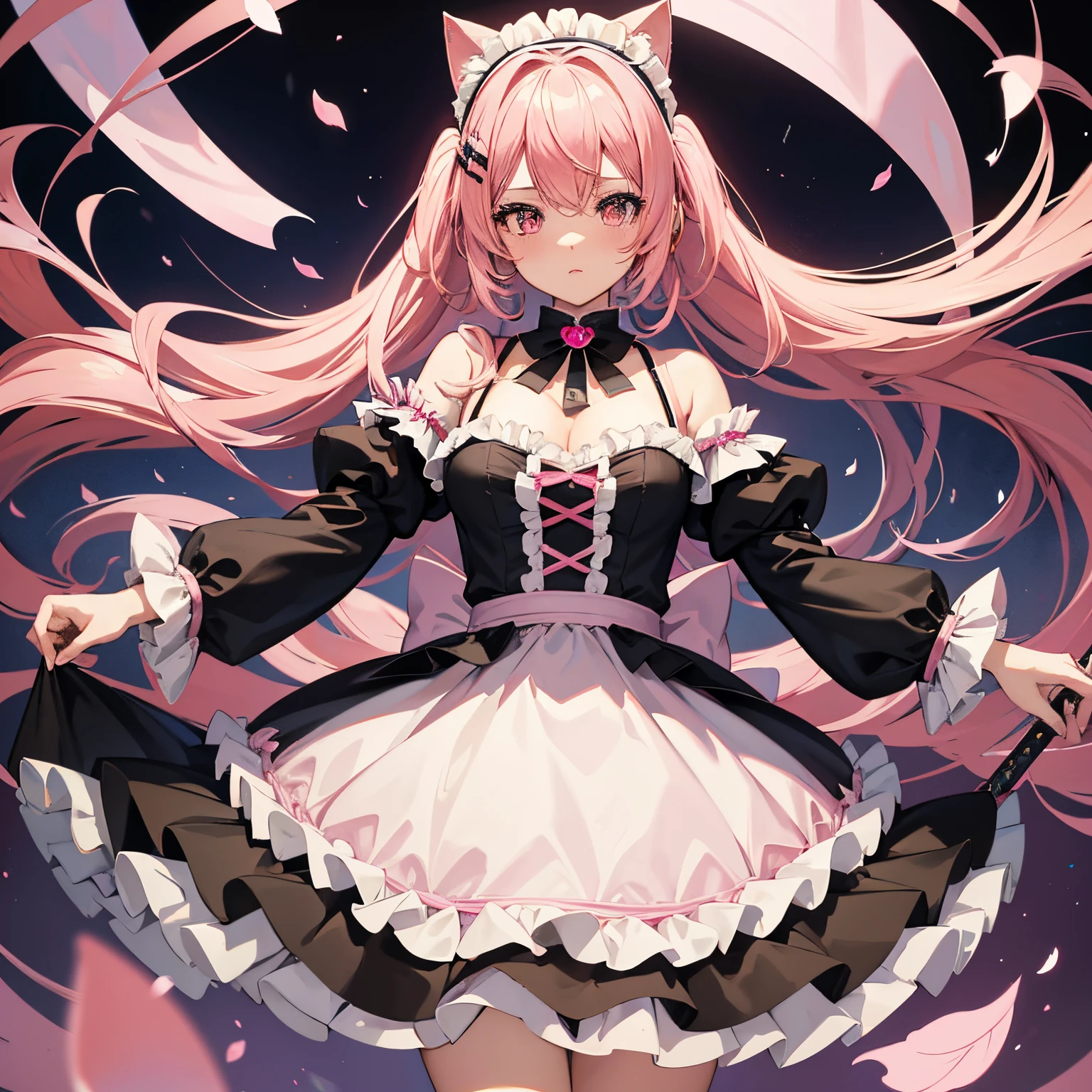 "anime girl, 1 person, pink hair, pink cat ears, pink eyes, maid outfit, maid,maid ta, with twin takana swords on her back, takana sword, black women's open-shoulder jacket, loliblack dress, big breasts , blushing, solo, frontal view . (full HD 4K+ image )"