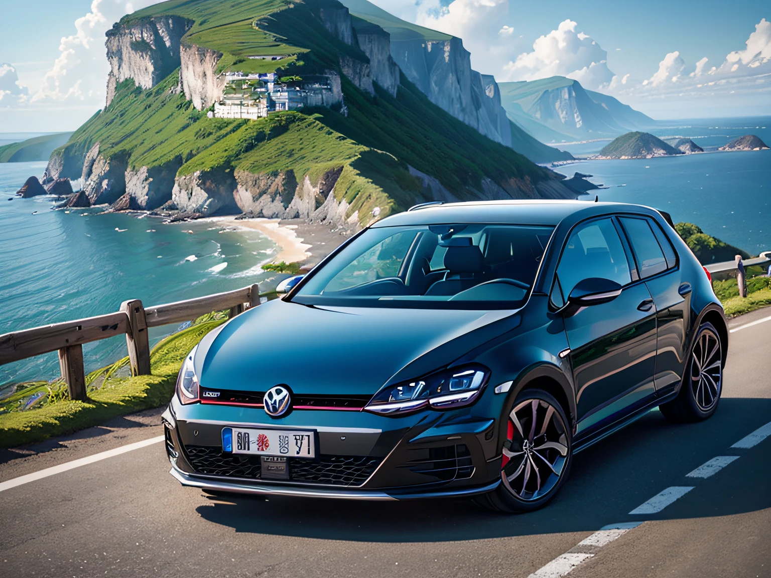 超A high resolution、An ultra-high picture quality、8K、Detailed details、marvelous expression、early summer coastline、Beautiful fresh greenery and lapping waves、A blue sports car runs gracefully on the mountain pass road along the coast.......、((Volkswagen Golf 2000GTI ))