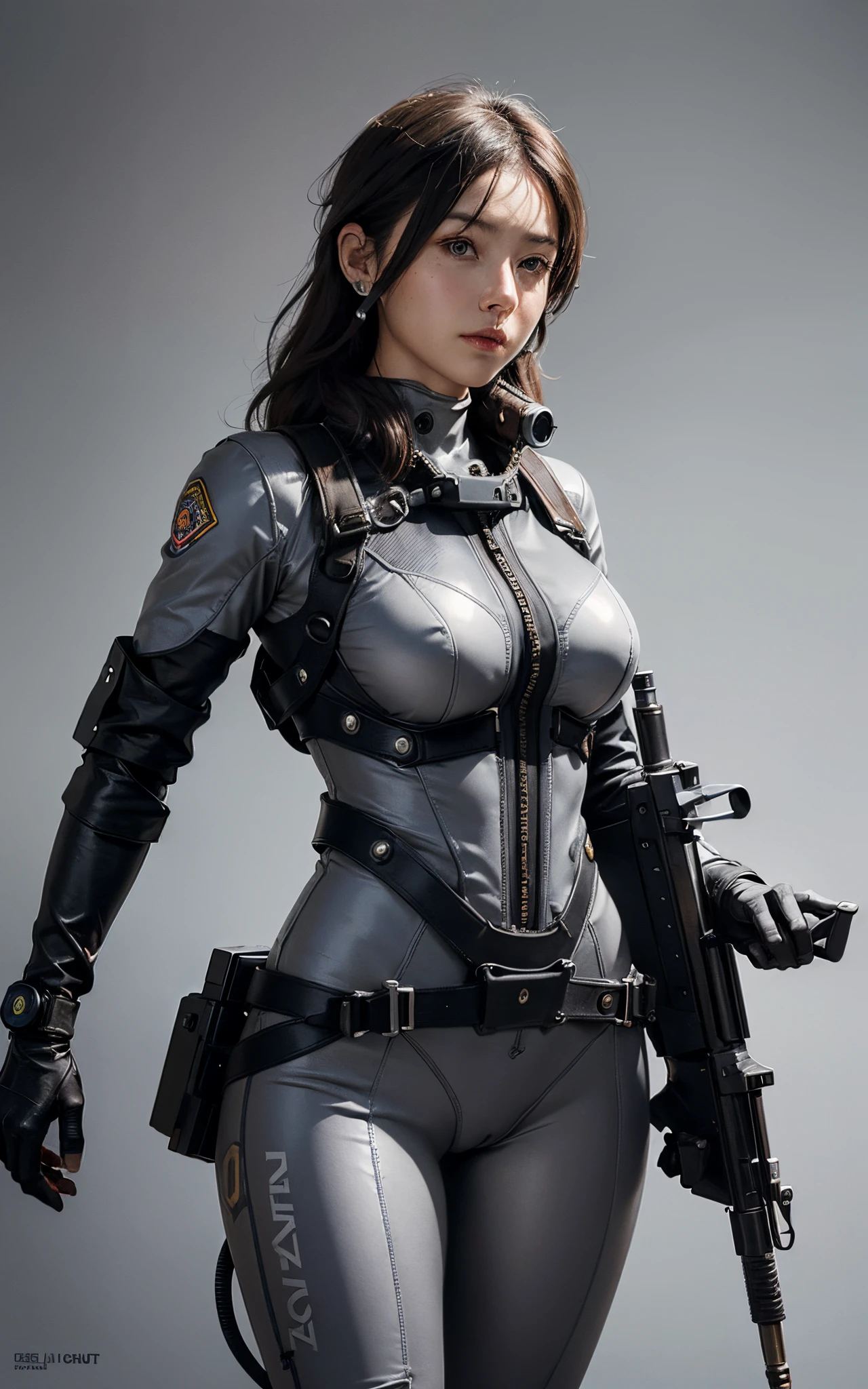 ((best quality, (masterpiece), photorealistic, photorealism, Photorealistic, high resolution)), 1girl full body, aiming with an assault rifle, another girl squatting behind, Combat pose, a bit chubby, (Detailed face), (wearing rash-guard likes police uniform, gloves, black and grey mecha, wearing futuristic-headset, black tights, military harness, holding a machinegun, carrying hich-tech-launcher), background grey wall, Fingers are occluded