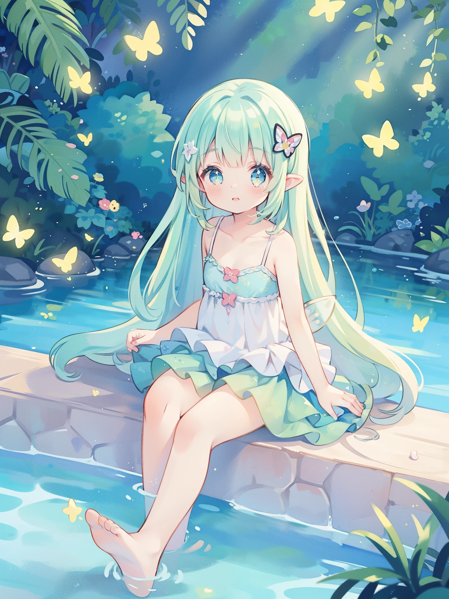 watercolor illustration, vibrant pastel colors, dreamy, colorful, whimsical, magical, masterpiece, best quality, sharp focus, fine detail, 8k resolution, magical lagoon, water nymph girl, (((sparkling layered fairy dress)))