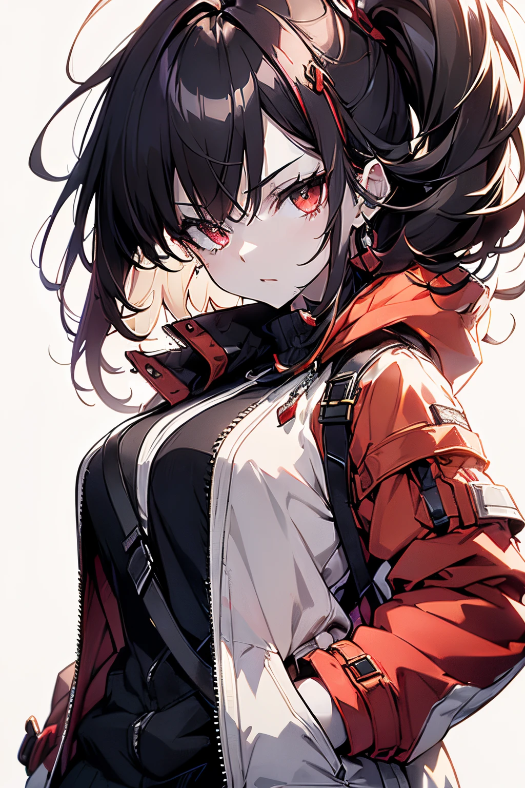 Full body, (masutepiece:1.2, Best Quality),(beautifull detailed face), High contrast, (Best Illumination, Extremely delicate and beautiful), ((Cinematic Light)), Dramatic light, Intricate details,(Pale white background:1.5), oversized red coat, Hands in pockets, Black hair, Red Eyes, body harnesses, Side tail hair,