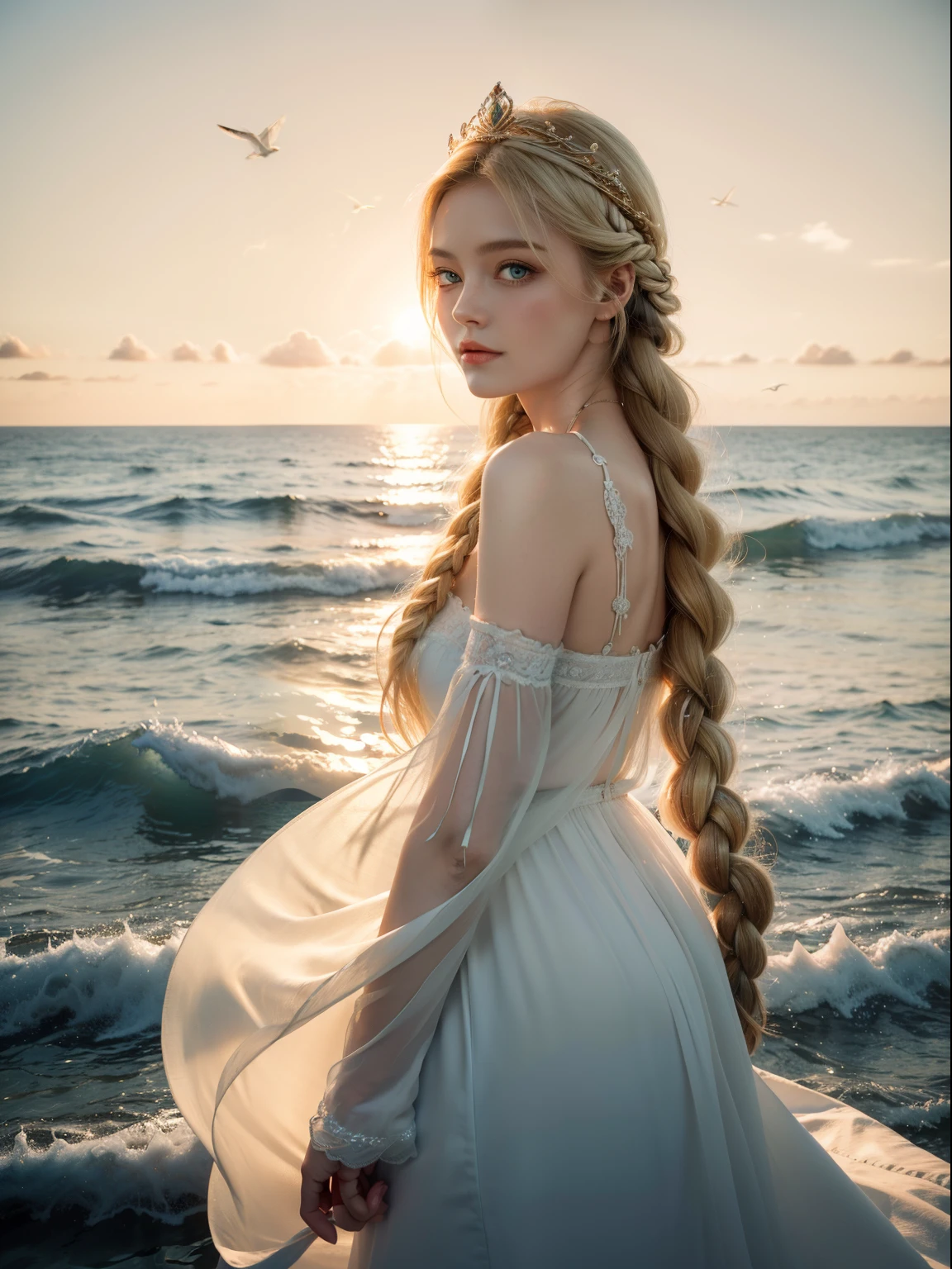 ,((Best quality at best))),8K,((tmasterpiece)),(Extremely Delicately Beautiful), There was a girl coming out of the sea, Swan princess in Russian mythology, beautiful calm face, eBlue eyes, Long blonde hair braided, Moon braid on back of head, Russian shiny white old clothes,Wearing the Kokosnik crown, Affectionate look, half smile, There is a gentle expression on his face, Seascape and sunlight in the background, Seagulls in the sky, whole-length, hentail realism