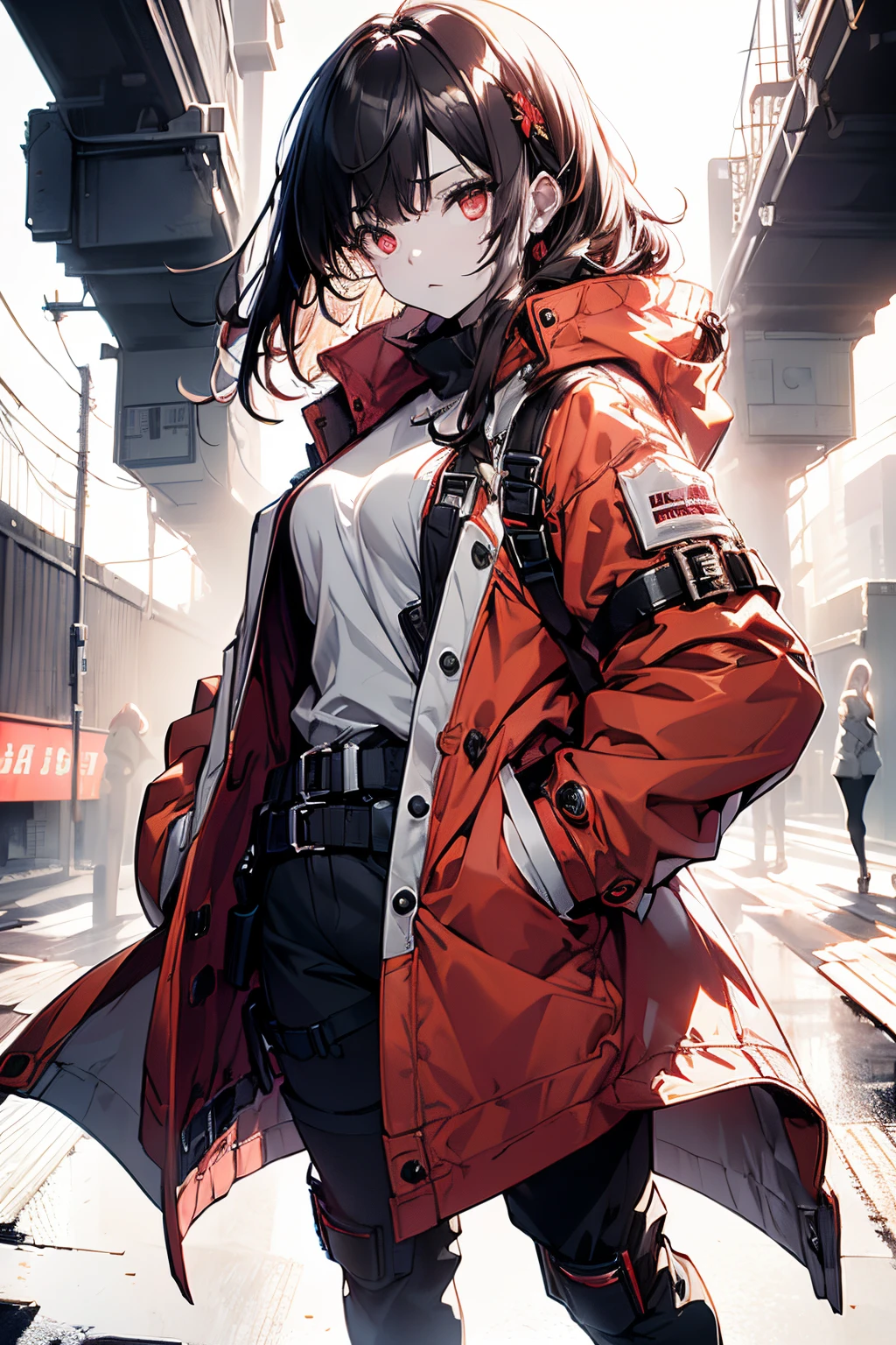 Full body, (masutepiece:1.2, Best Quality),(beautifull detailed face), High contrast, (Best Illumination, Extremely delicate and beautiful), ((Cinematic Light)), Dramatic light, Intricate details,(Pale white background:1.5), oversized red coat, Hands in pockets, Black hair, Red Eyes, body harnesses, Side tail hair,