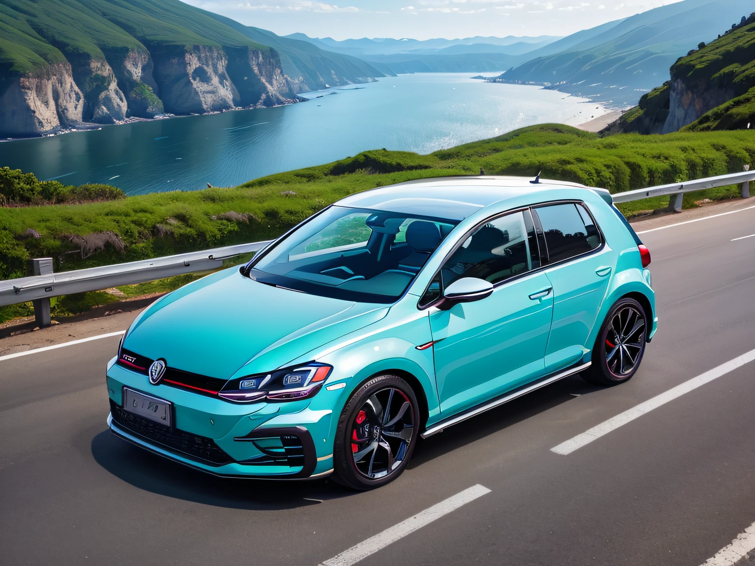 超A high resolution、An ultra-high picture quality、8K、Detailed details、marvelous expression、early summer coastline、Beautiful fresh greenery and lapping waves、A blue sports car runs gracefully on the mountain pass road along the coast.......、((Volkswagen Golf 2000GTI ))