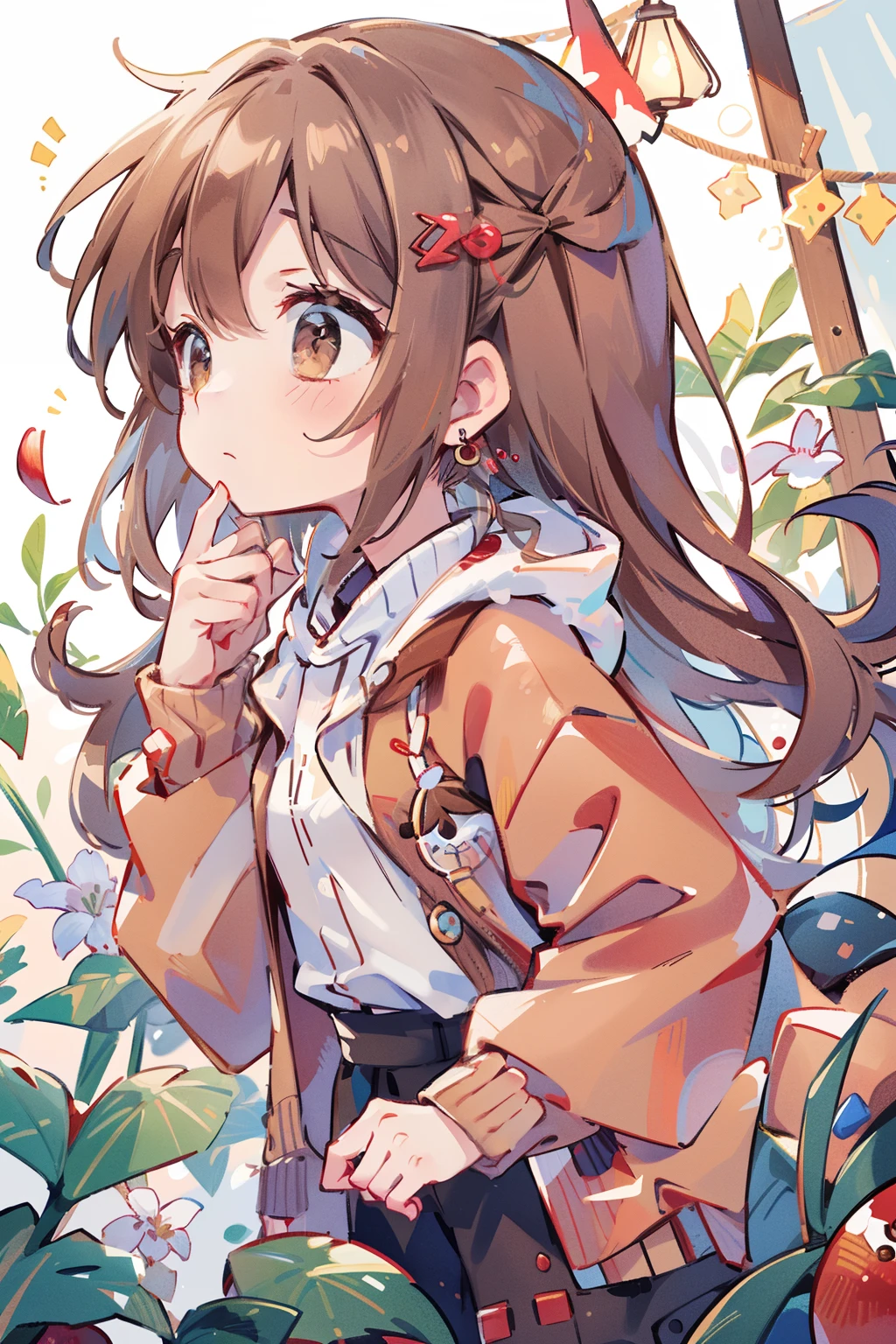 (masutepiece、8K、Masterpiece、Best Quality)Lori、((half up、))cookie hairpin、Brown eyes、Brown hair、Long、fluffy hair、red claw、apple earrings、Delicate eyes、Brown outerwear、Light brown sweater、((((The upper part of the body))))Viewer's Perspective、profile、body side