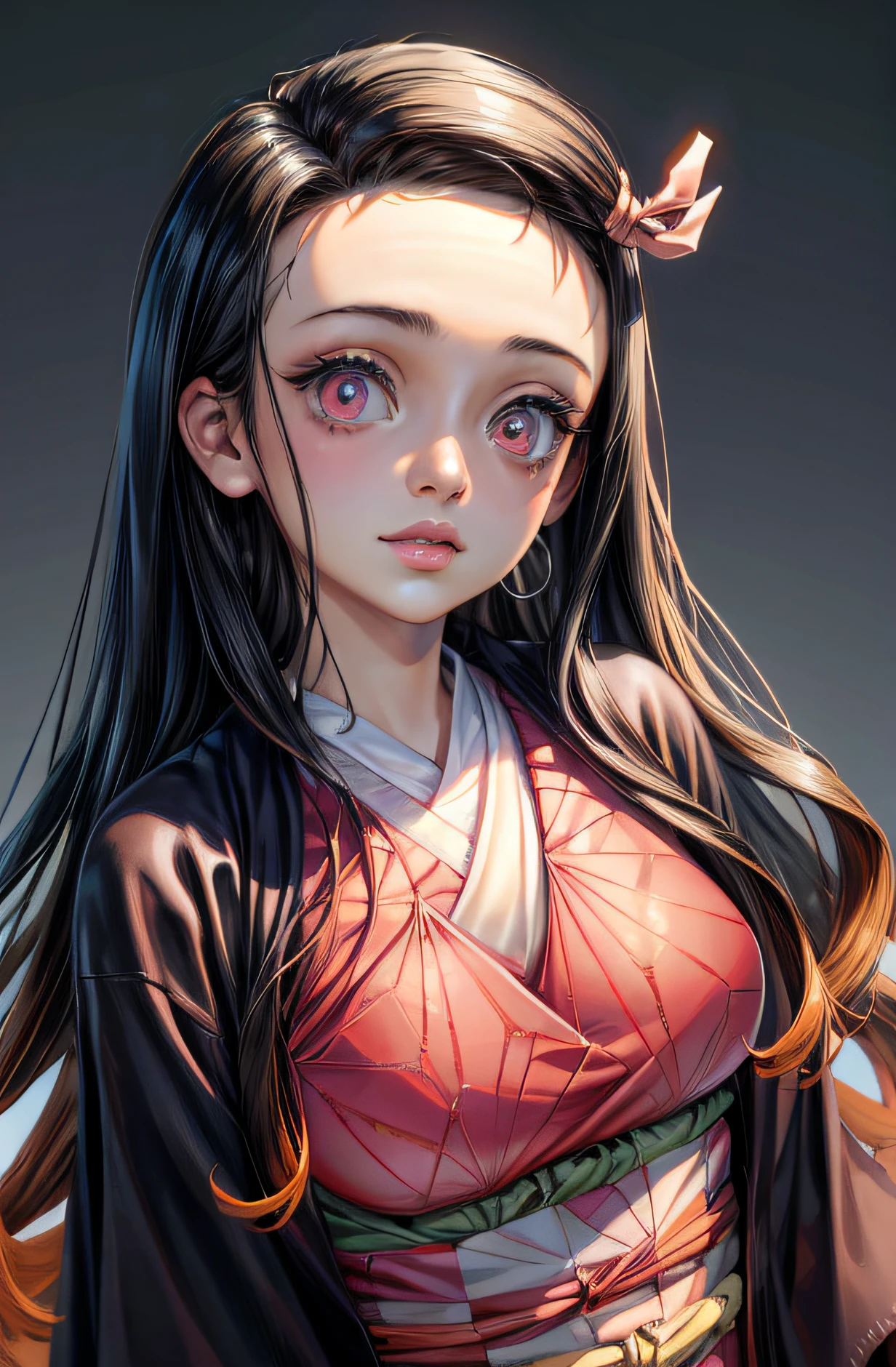 (Ultra Real), (Illustration), (High Resolution), (8K), (Very Detailed), (Best Illustration), (Beautiful Detailed Eyes), (Best Quality), (Ultra Detailed), (Masterpiece), (Wallpaper), (Detailed Face),Red Eyes, Night Up Upper Body, Ice Cream,Long Hair,Solo,Simple Kimono Top Girl, Sweaty, Japan Person, Big Tits, (Camel Toe) Nezuko Kamado, Flirty Smile,