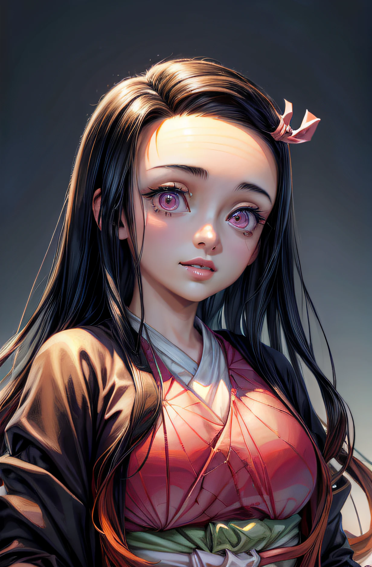 (Ultra Real), (Illustration), (High Resolution), (8K), (Very Detailed), (Best Illustration), (Beautiful Detailed Eyes), (Best Quality), (Ultra Detailed), (Masterpiece), (Wallpaper), (Detailed Face),Red Eyes, Night Up Upper Body, Ice Cream,Long Hair,Solo,Simple Kimono Top Girl, Sweaty, Japan Person, Big Tits, (Camel Toe) Nezuko Kamado, Flirty Smile,