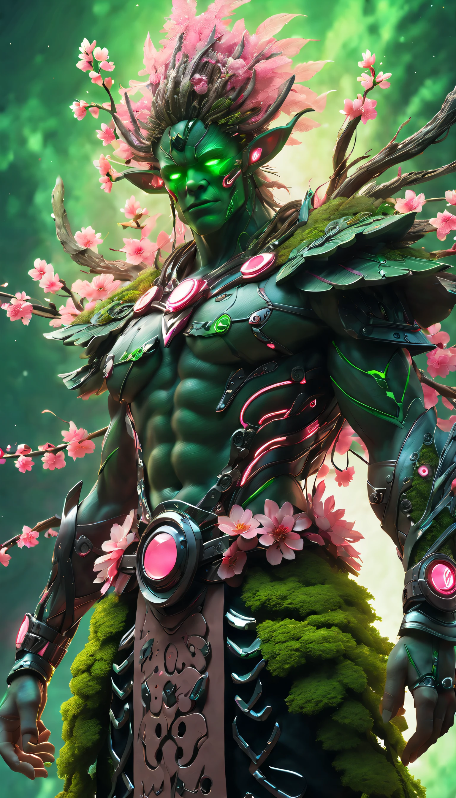 (The king),(Cyberpunk Treeman),metal leaves,wired branches,glowing light eyes,mechanical bark,with moss-covered bark,tribe outfit,Majestic figure,(ancient tribal markings),control tendrils extending from the arms,Neon lights dancing on the body,(Lightning around branches and leaves),(peach blossom),Soft and delicate petals,vivd colour,(A harmonious blend of green and pink),(Ominous dark clouds in the sky),Night atmosphere,A futuristic,Vivid colors and high-contrast lighting,Dramatic shadows and highlights.(best quality, 4k, 8k, masterpiece: 1.2), ultra fine, (realistic, photo realistic, photo realistic: 1.37)