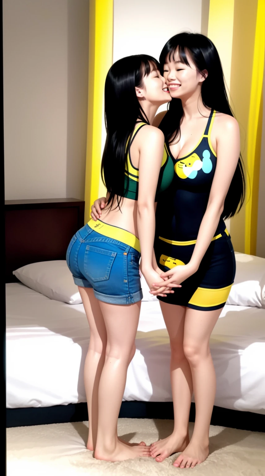 full body standing straight barefoot, long hair, holding hands on bed, kissing each other, sleeping together MOTHER AND DAUGHTERS alike Android 18, both blonde hair, big ass, thigh, yellow tiger bikini, happy, bright light