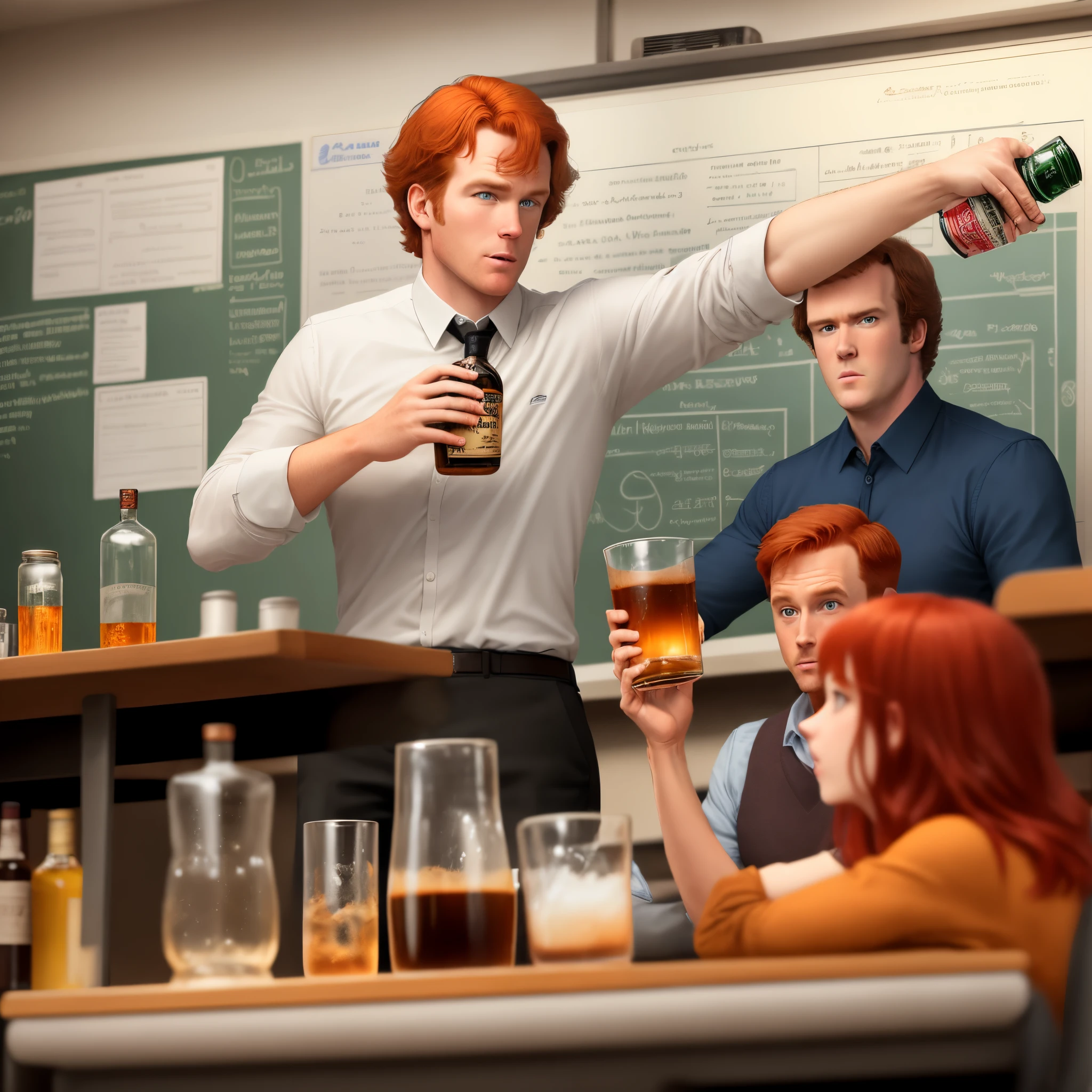 Redhead short male teacher putting liquor in coffee cup. in science class before it starts. With step brothers poster in the background