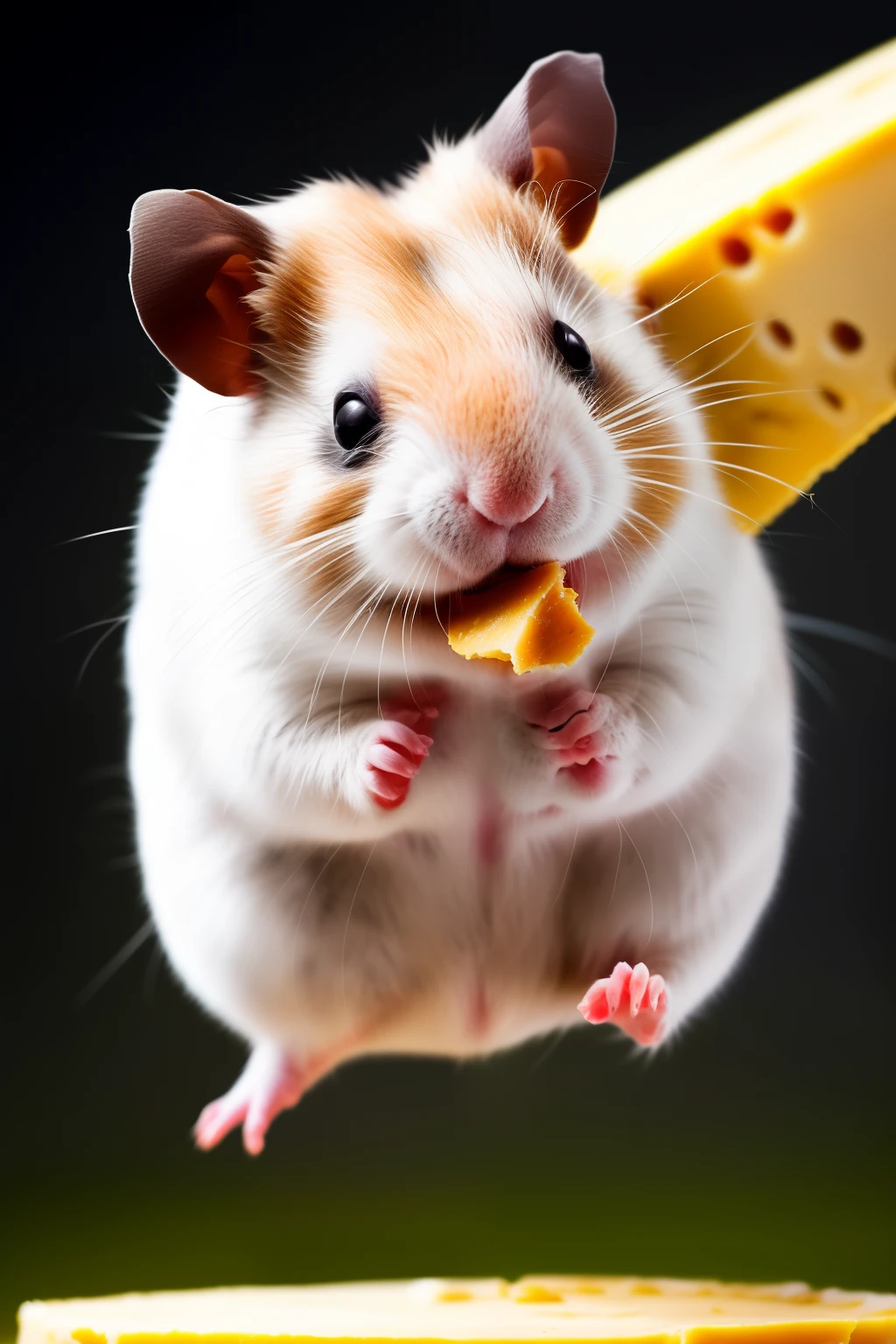 photo realistic of a hamster,a fat hamster running in the town while chasing angry people,the hamstet jump in the air while biting a cheese.REALISTIC,8K.,ULTRA HD, TYPOGRAPHY, CINEMATIC