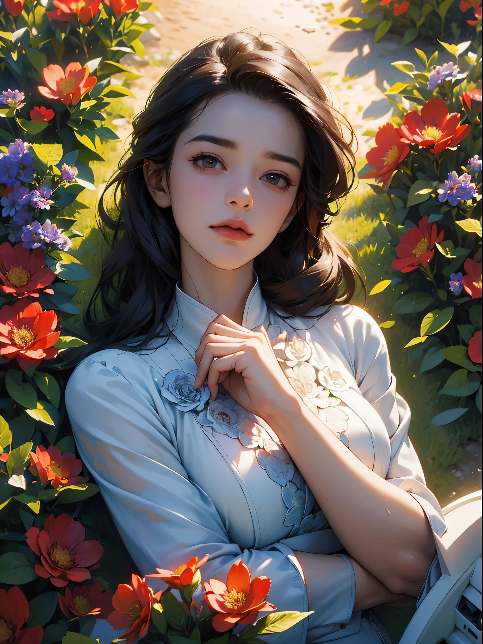 32k, Masterpiece, Highest quality, One girl, Brown Hair, Detailed eyes, flower,Freesia, Pink and navy style,A dreamy, romantic piece,Pale yellow, Mysterious Leaves,A playful arrangement,Fantasy,High Contrast,Ink strokes,explosion,Exposure, Impression of pink and navy tones,Abstract,((Watercolours by John Berkey and Jeremy Mann )) Brush strokes,Negative Space, Tyndall effect,