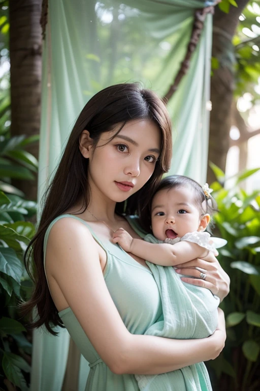 studio photo portrait that encapsulates the essence of motherhood with a Filipina woman in her thirties tenderly cradling her two-month-old infant. The scene is set against an fairy themed backdrop, adorned with mystical green colors evoking the feeling of coziness and familial love. capture the intricate details in the highest resolution possible (8K), ensuring every aspect of the serene moment is vividly portrayed, mother looking at camera