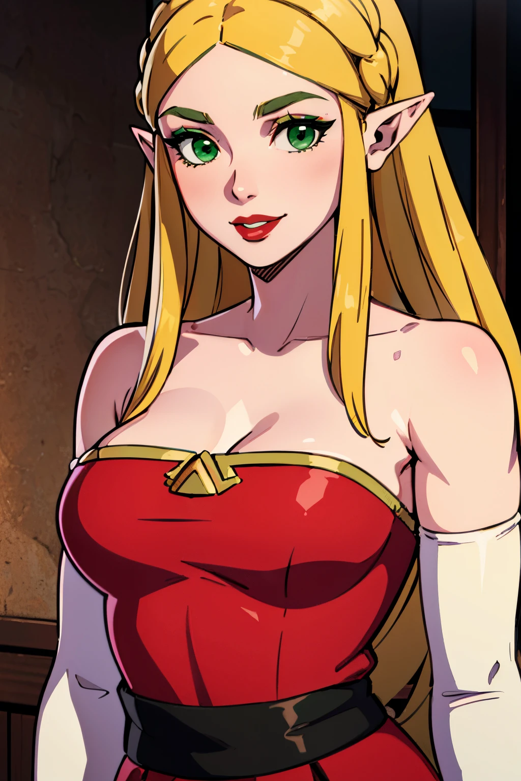 princess zelda, blonde hair, (green eyes:1.5), pointy ears, long hair, parted bangs, red, dress, strapless dress, long white elbow gloves, smile, red lipstick,light dark purple eye shadow, makeup