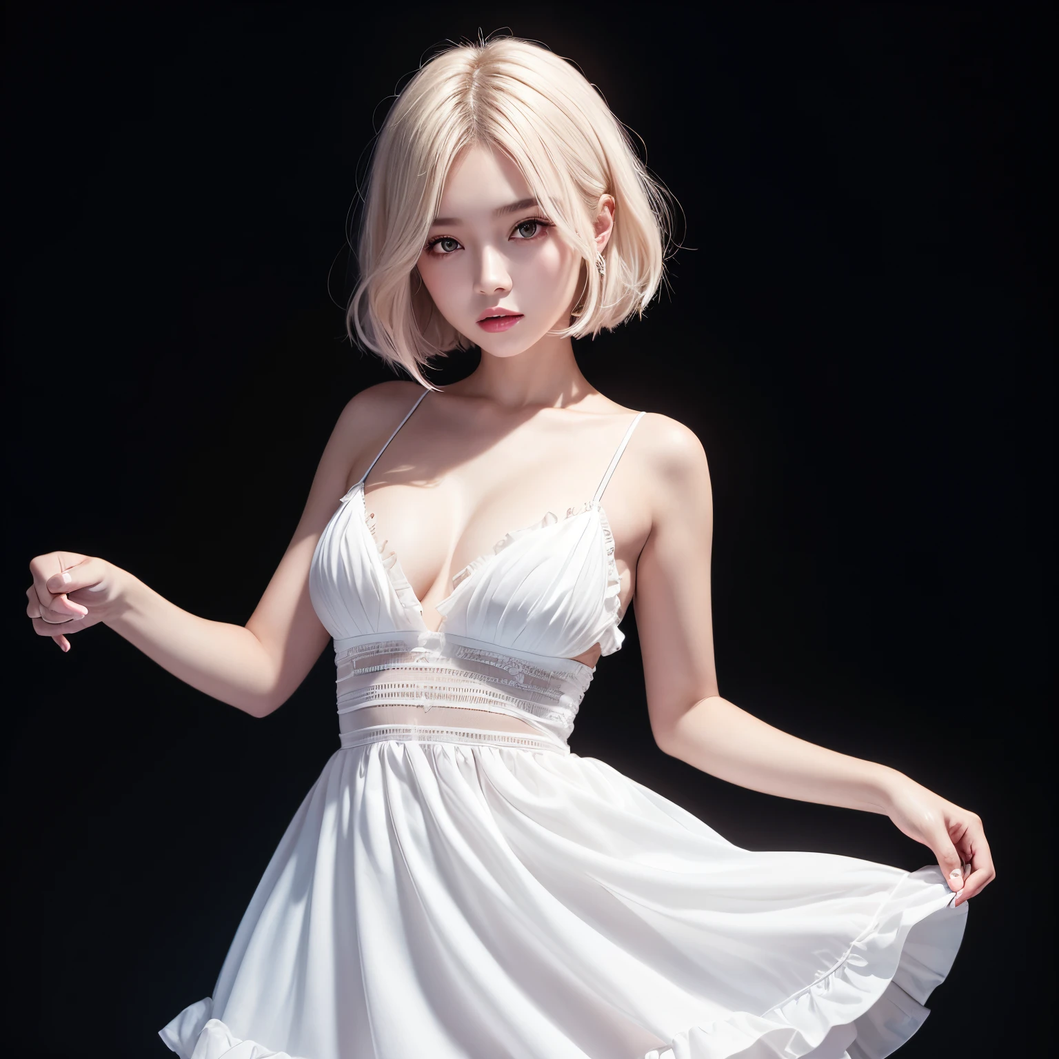 top-quality、in 8K、1beautiful girl、Cinematic lighting、((black backgrounds))、Platinum Blonde Short Bob、Smooth hair quality、(Beautiful girl with well-formed face:1.0)、(White ruffled dress)