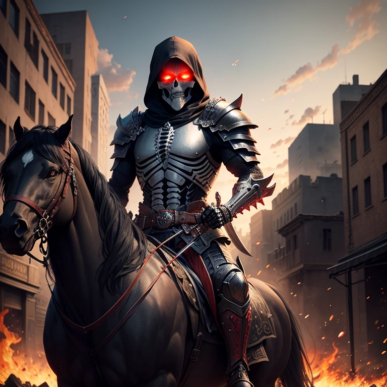 skeleton warrior，Black armor，red color eyes，ride horse，Armed with a long knife，Burning background，city ruins，Background shopping street