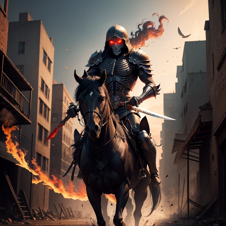 skeleton warrior,Black armor,red color eyes,ride horse,Armed with a long knife,Burning background,city ruins,Background shopping street