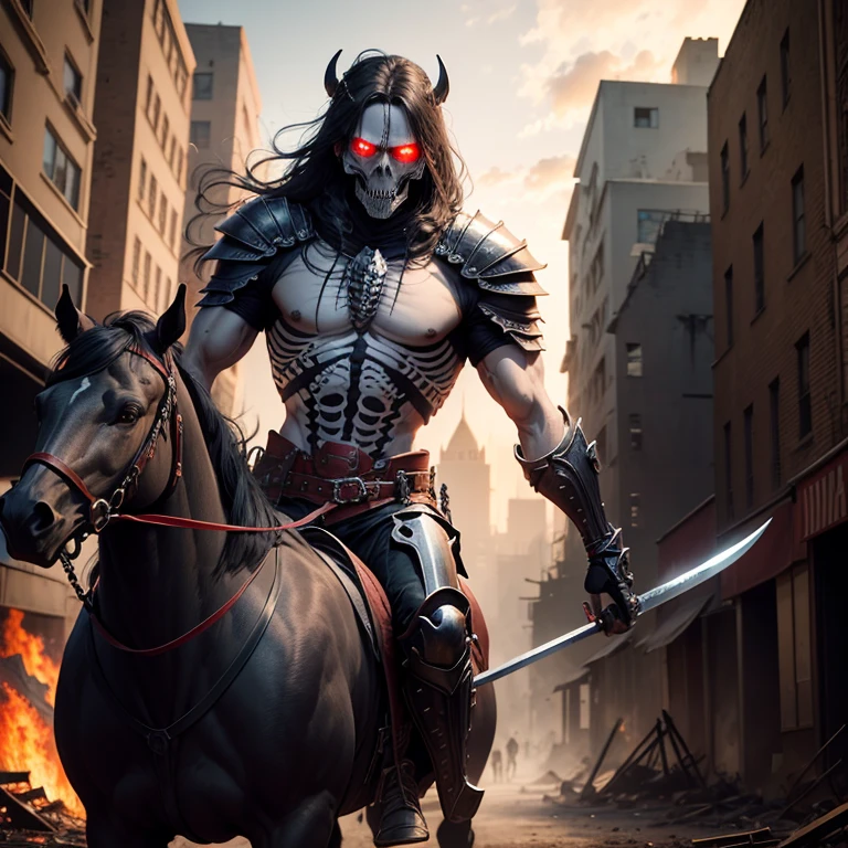 skeleton warrior,Black armor,red color eyes,ride horse,Armed with a long knife,Burning background,city ruins,Background shopping street