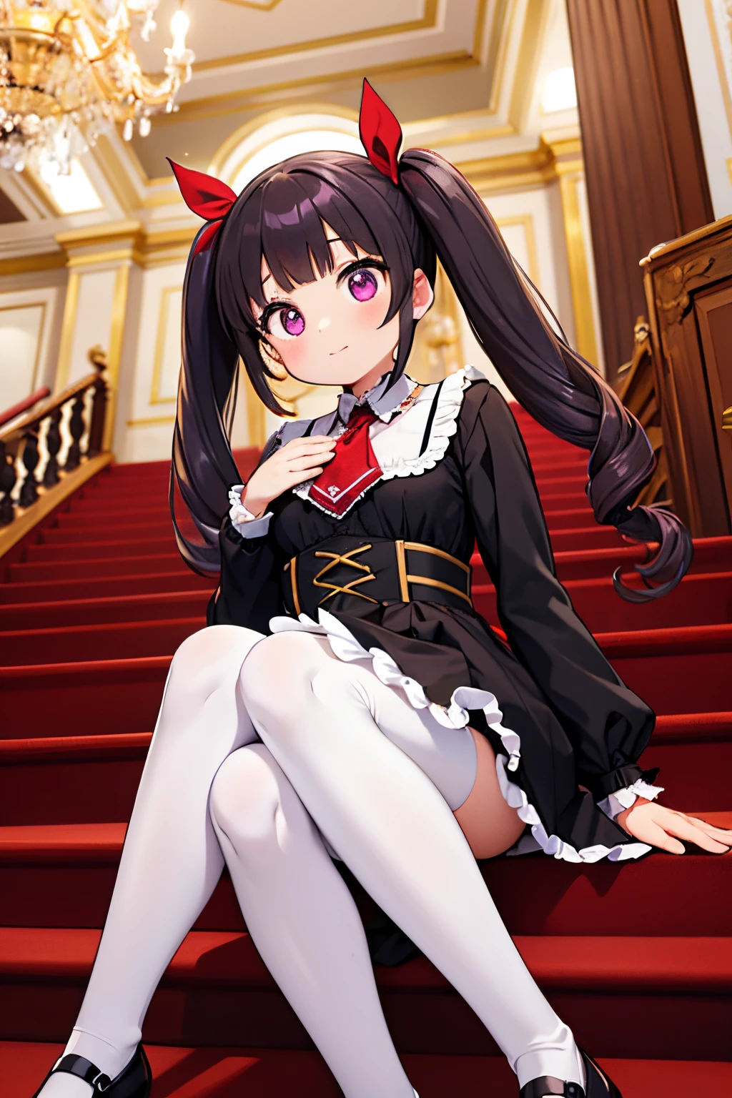 A girl with black ponytails, twin tails, twin drills, gothic ta clothes, and red-purple eyes. Anime. She has a red tie on her chest. She is wearing a white shirt. She is wearing white tights. She is tall.130cmThere is a Western-style building with a chandelier in the background, and I am sitting with my legs spread apart on the stairs. Showing pants She wears a very large red ribbon in the back of her hair.