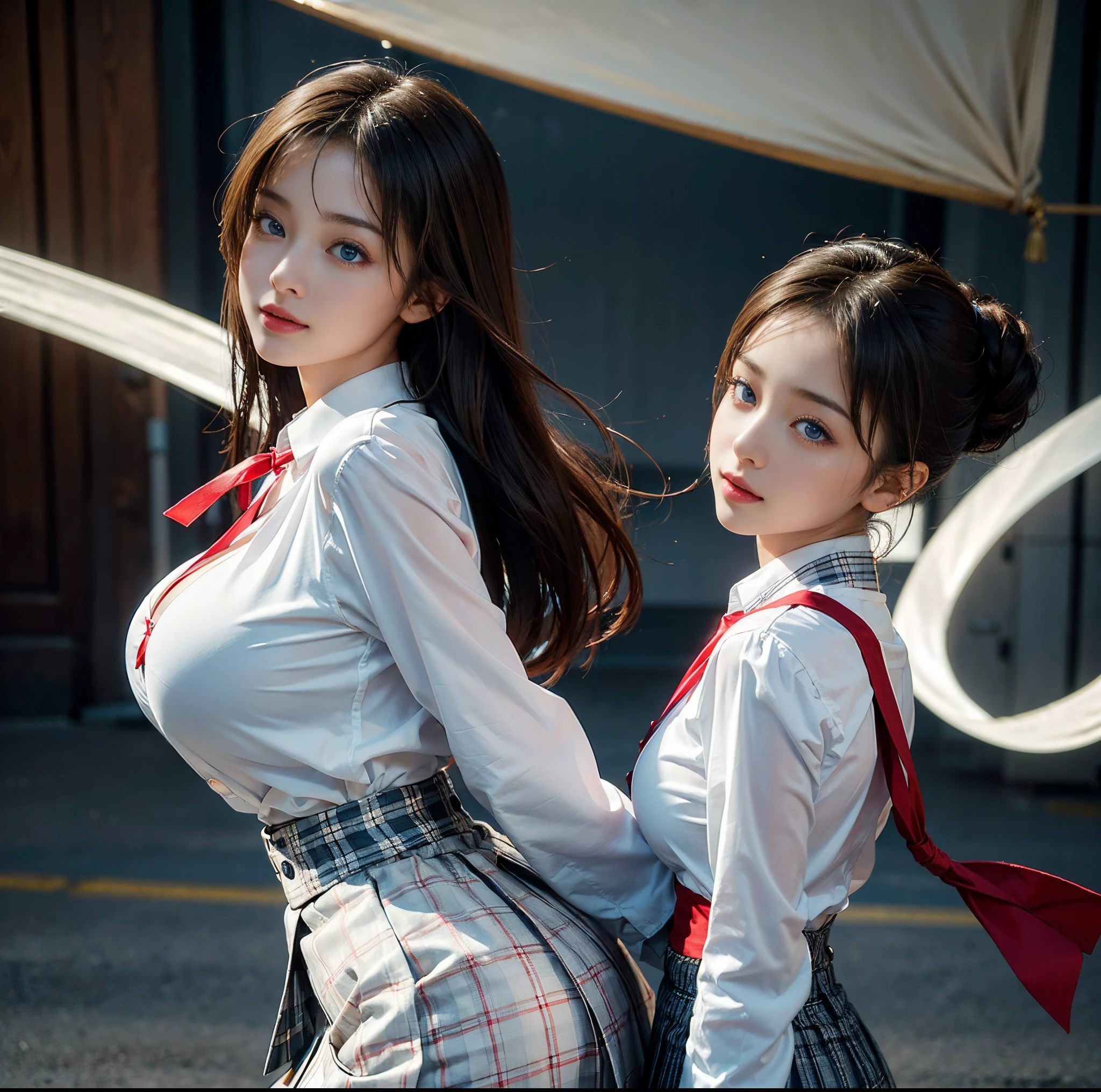 top-quality, 8K picture quality, masterpiece, Professional lighting without shadows, A hyper-realistic, perfect anatomia, Two girls, (with perfect body、Colossal breasts with tension:1.2), Whitens bright skin evenly, (Plump red tear bags and bright and beautiful blue eyes reflect a lot of light:1.2)、 A deep red ribbon tie is wrapped around the collar..、A neat and tight blouse made of white fabric that is so thin that it can be seen through..、No skin is exposed on the upper body。, Dress up with a super short mini pleated tartan check skirt., (her skirt is too short:1.3), (Proudly showing off her taut huge breasts from the front through her blouse:1.2), (Another girl on the other side shows off her big ass from behind:1.2), ssmile, stare at each other