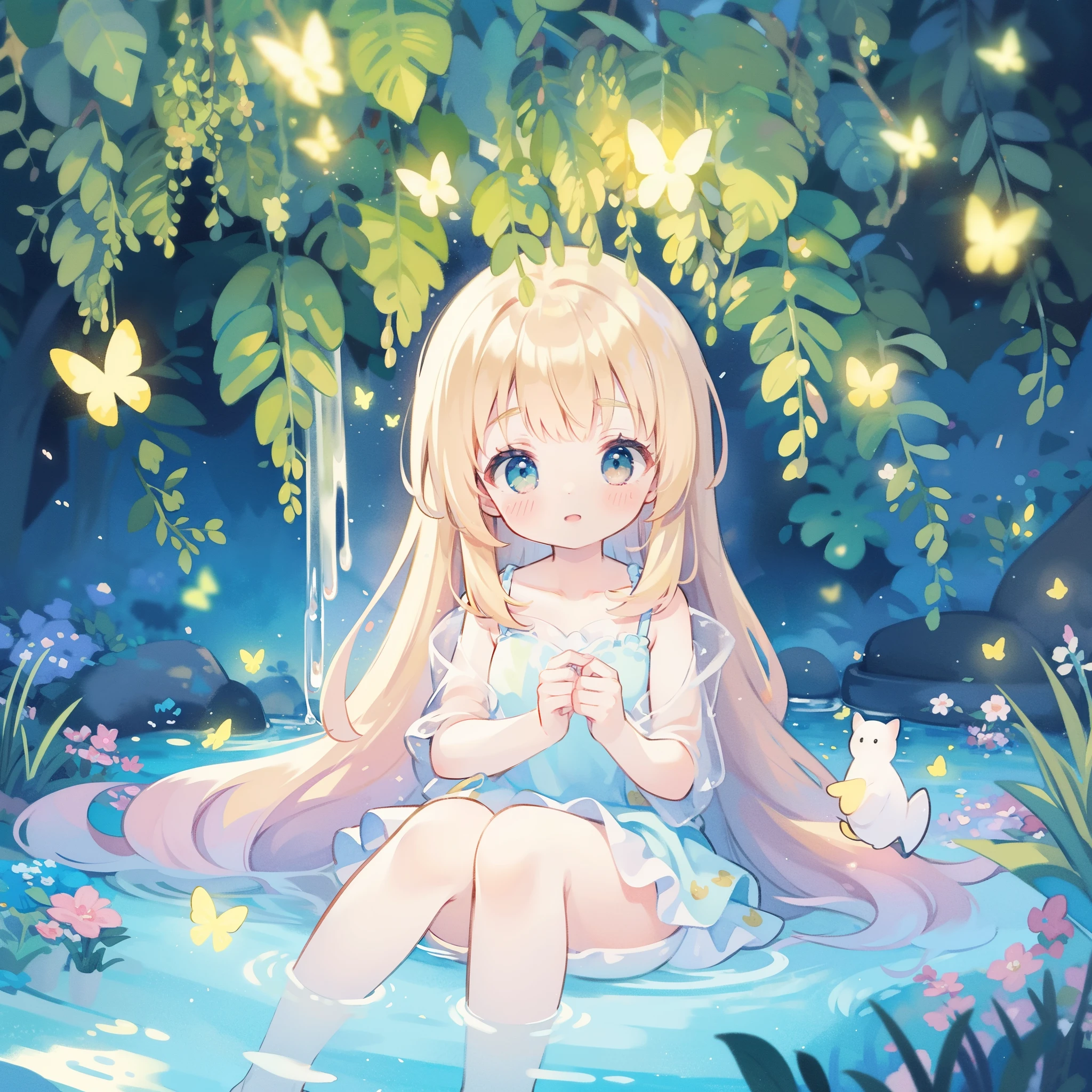 watercolor illustration, vibrant pastel colors, dreamy, colorful, whimsical, magical, masterpiece, best quality, sharp focus, intricately detailed environment, fine detail, 8k resolution, waterfall lagoon, (magical lagoon), (waterfall, lake), glowing butterflies, cute puffy fairy creatures, glowing beautiful girl