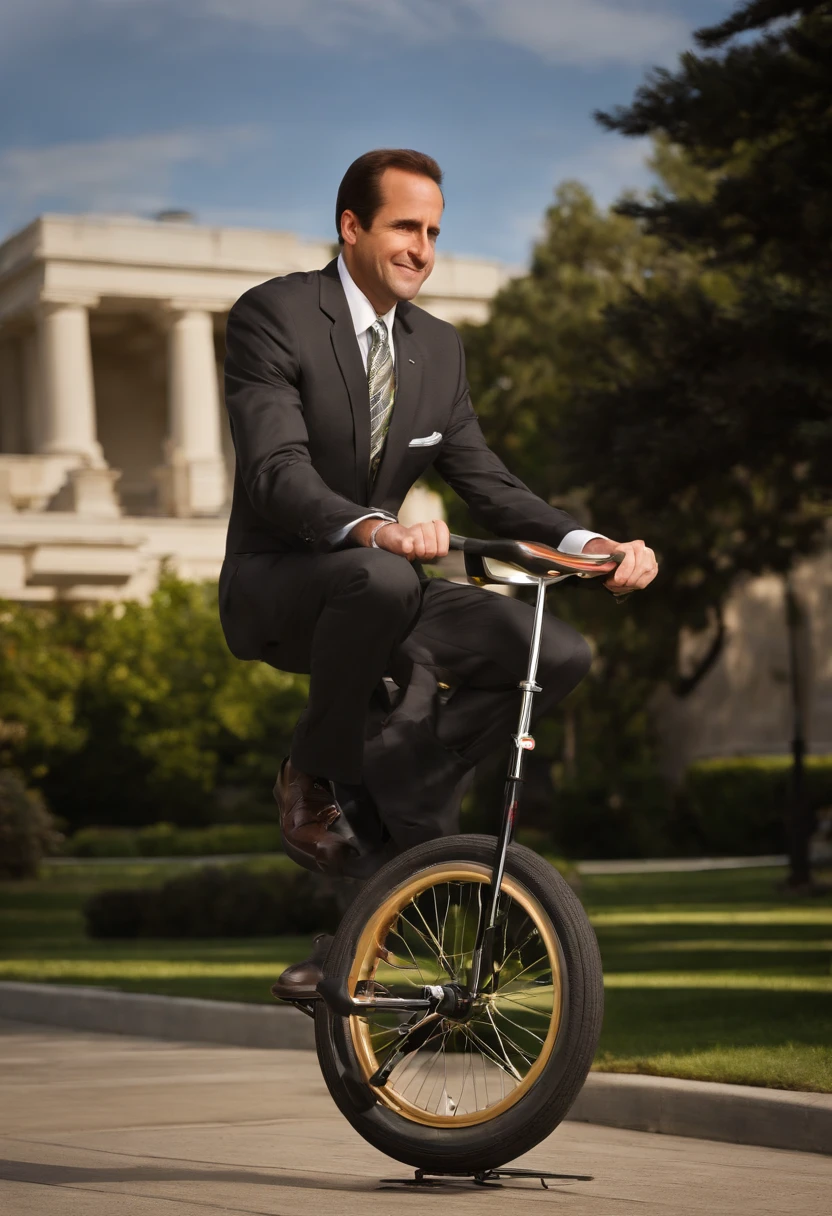 A photo of Michael attempting to learn to ride a (unicycle:1.2),The Office TV show,Michael Scott, the fictional character from “The Office,” is a middle-aged man with a receding hairline and a penchant for ill-fitted suits, which adds to his somewhat awkward and unpolished appearance. He often carries a goofy, sometimes childlike expression, complementing his attempts to be liked and seen as humorous by his employees.