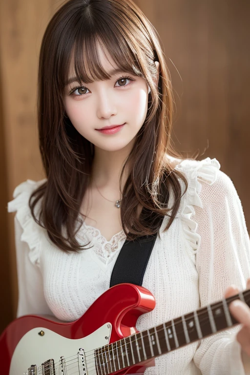 masutepiece, Best Quality, Illustration, Ultra-detailed, finely detail, hight resolution, 8K Wallpaper, Perfect dynamic composition, Beautiful detailed eyes, Women's Fashion Summer,Medium Hair,Small breasts natural color lip,,Smile,Harajuku、20 years girl、Cute、Sexy shot looking at camera、(holding an electric guitar)