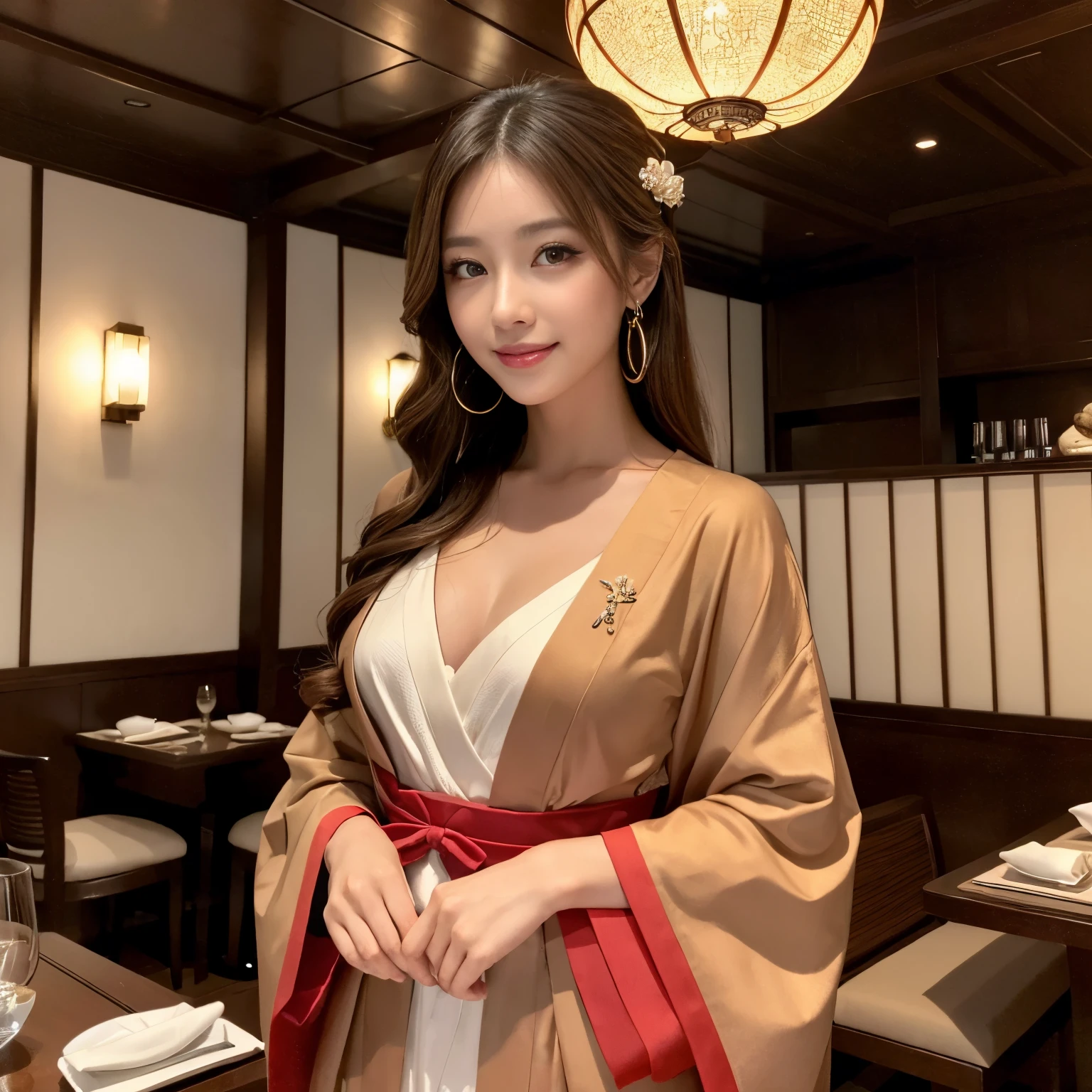 ((top-quality、masutepiece、8K、Top image quality、super-fine))、1 beauty、Photo from the waist of a woman、very luxurious kimono、very elegant kimono、Tastefully put together hair、Perfect makeup、Gorgeous hairpin on the head、The background is a luxurious restaurant、High class restaurant in Ginza、Interior of a very high class Japanese restaurant、elegant warm lighting、gorgeous lighting built into the ceiling、It has the atmosphere of a Kyomachiya.、Traditional atmosphere of the Japan、It feels very luxurious、very luxurious atmosphere、The most luxurious and elegant interior、The most exclusive atmosphere in the world))、She's looking at me、Smile at me、perfect anatomia、A detailed face、Perfect fingers