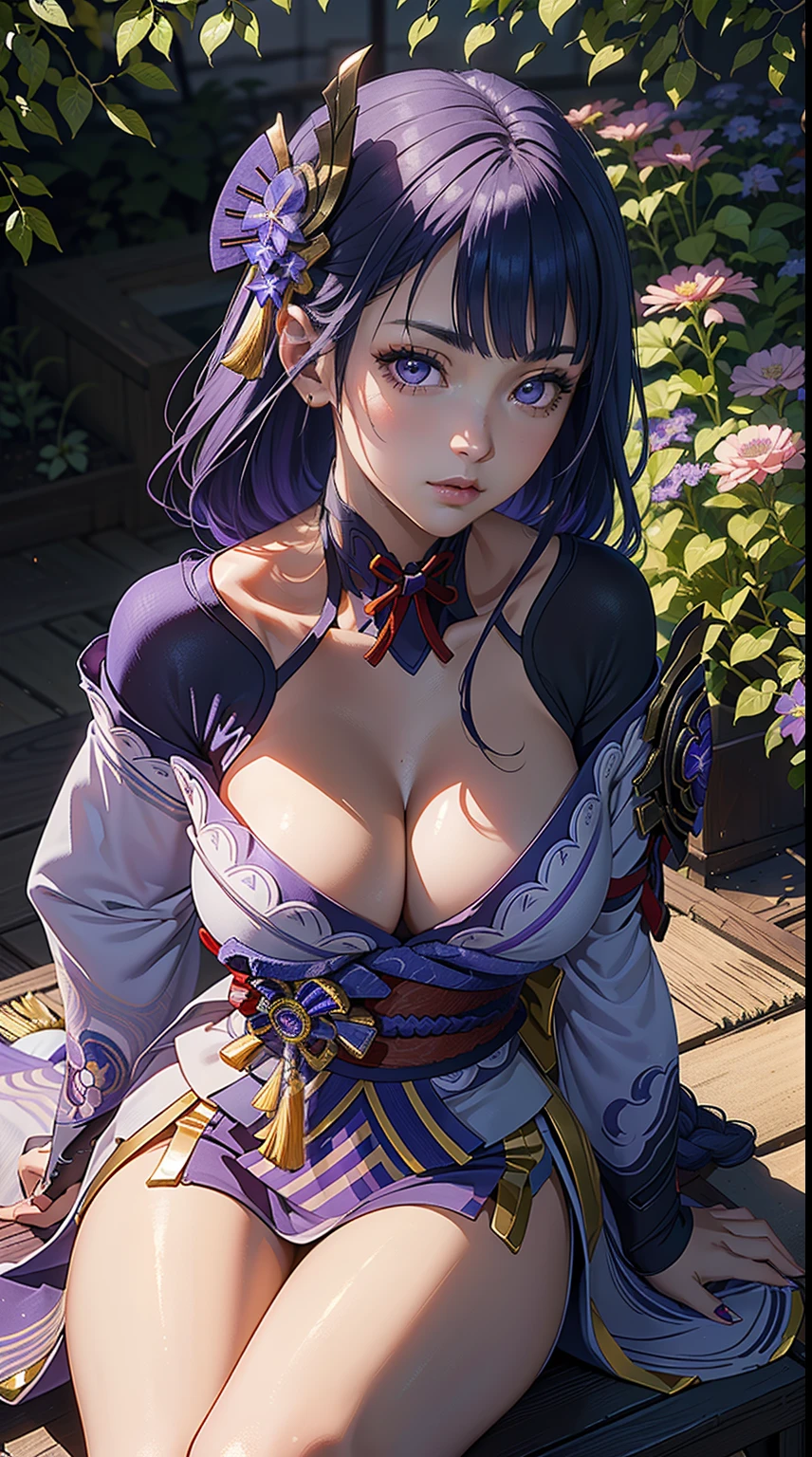 ((masterpiece)),(best quality),((ultra detailed)), (dynamic angle),((beautiful detailed eyes), ((dynamic pose)), pretty face, ((cleavage, sexy, sitting in the flower garden)),((raidenshogundef))
