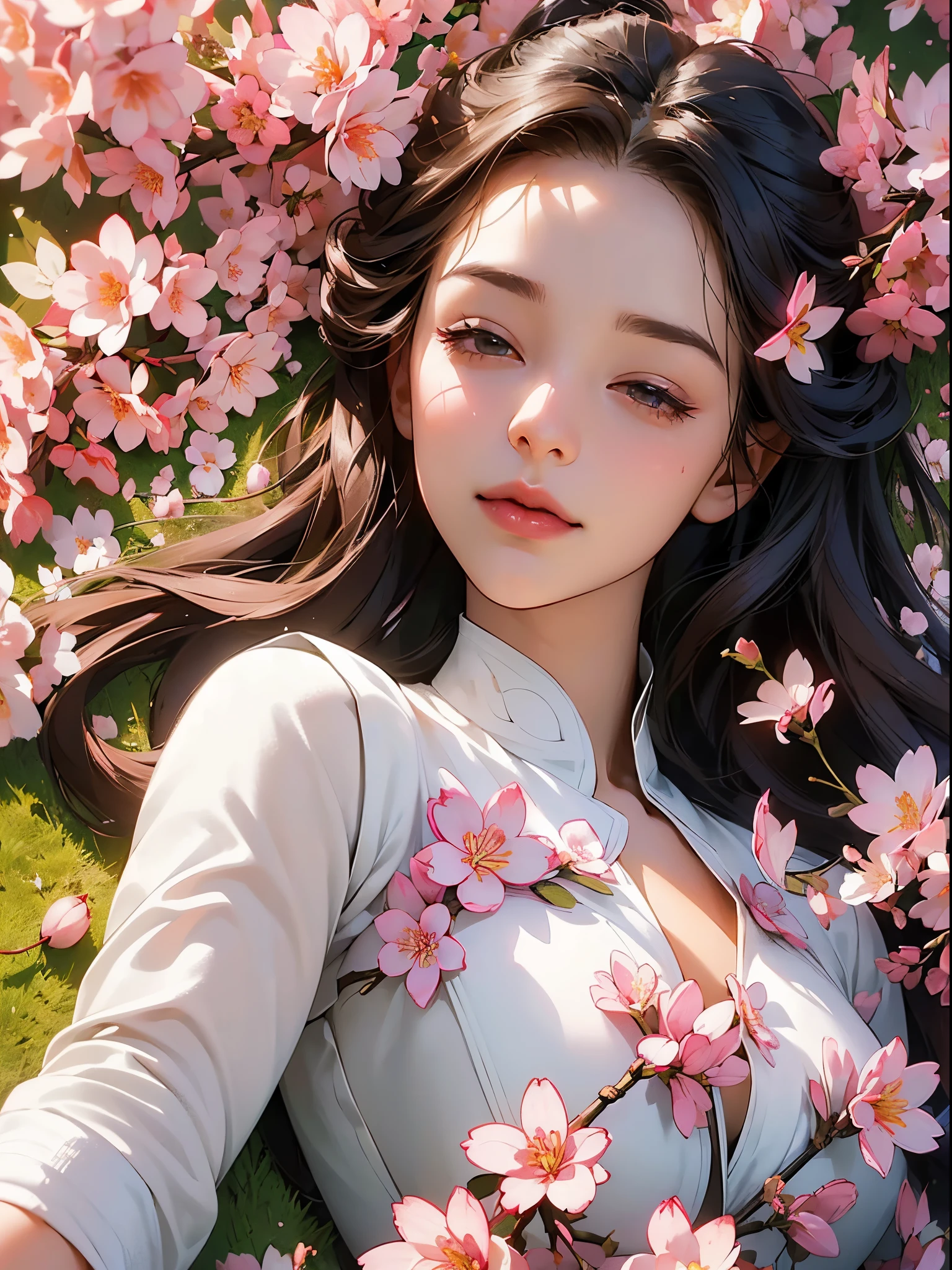 (close up face: 1.2), (upper body portrait: 1.3), ((woman lying in a flower garden)), ((fluttering cherry blossoms)), (((in the lawn))), early in the morning, (((top view, drone shot))), erotic pose, dramatic light