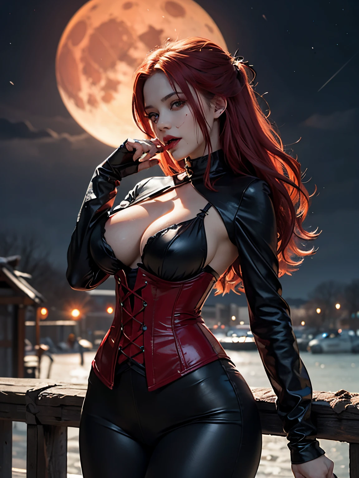 1girl, bloodrayne, black ribbons in hair on both sides, blood red hair, tight red and black corset, shoulderless red and black sleeves, arm blades, big boobs, perfect body, big thighs, red and black leggings, licking blood on finger, showing vampire fangs, blood dripping from fangs, staring seductively, ultra detailed, high quality, perfect fingers, perfect hands, detailed face, nighttime, blood moon,