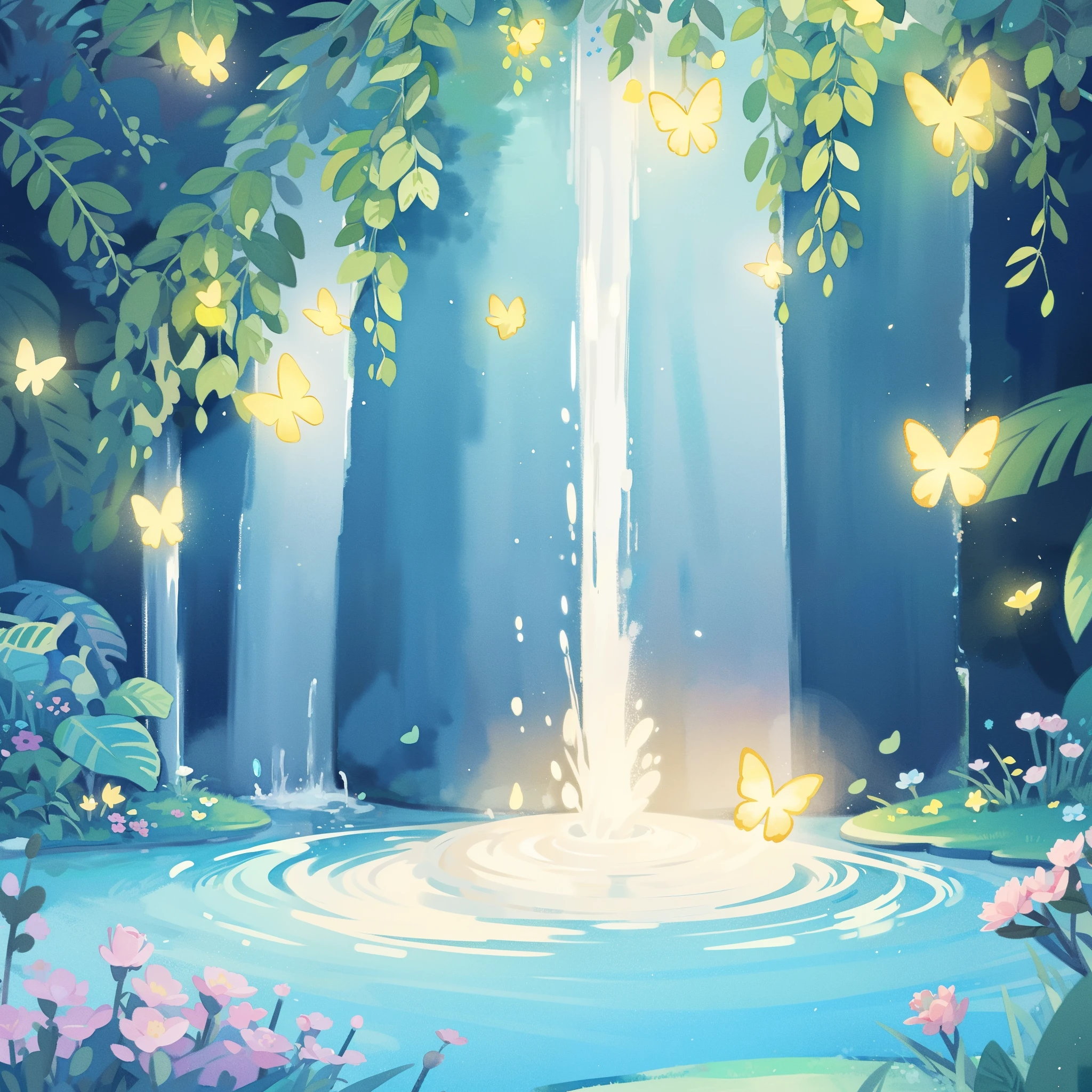 watercolor illustration, vibrant pastel colors, dreamy, colorful, whimsical, magical, masterpiece, best quality, sharp focus, intricately detailed environment, fine detail, 8k resolution, waterfall lagoon, (magical lagoon), (waterfall, lake), glowing lights, fireflies, glowing butterflies, fairy creatures, glowing fairies