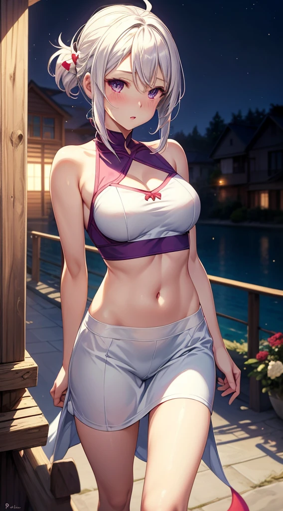 realistic, 1girl, white hair, purple eyes, glowing eyes, crop top, skirt, parted lips, blush, night, flowers, sun, sunlight,