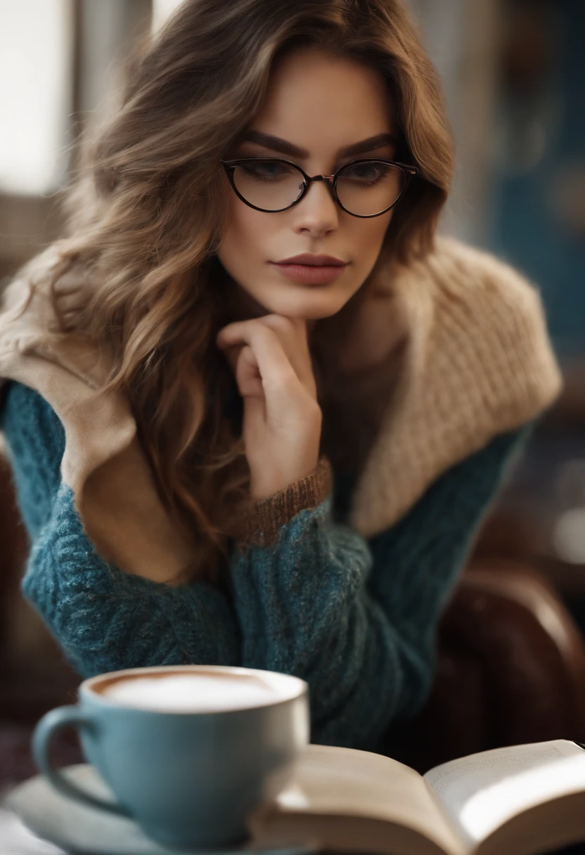 A close-up shot of a character's hand holding a hot chocolate with a book open in the background.,original,[{{((Hair: light brown + short + messy))
((Eyes: large + blue + piercing + doe eyes))
((Facial features: long sharp face + sharp jawline + straight nose + pointed chin + thin lips + pale))
((Build: tall + slender + lean + lithe + strong + large hands))
((Appearance: glasses + sweaters + neat + put together))}}]