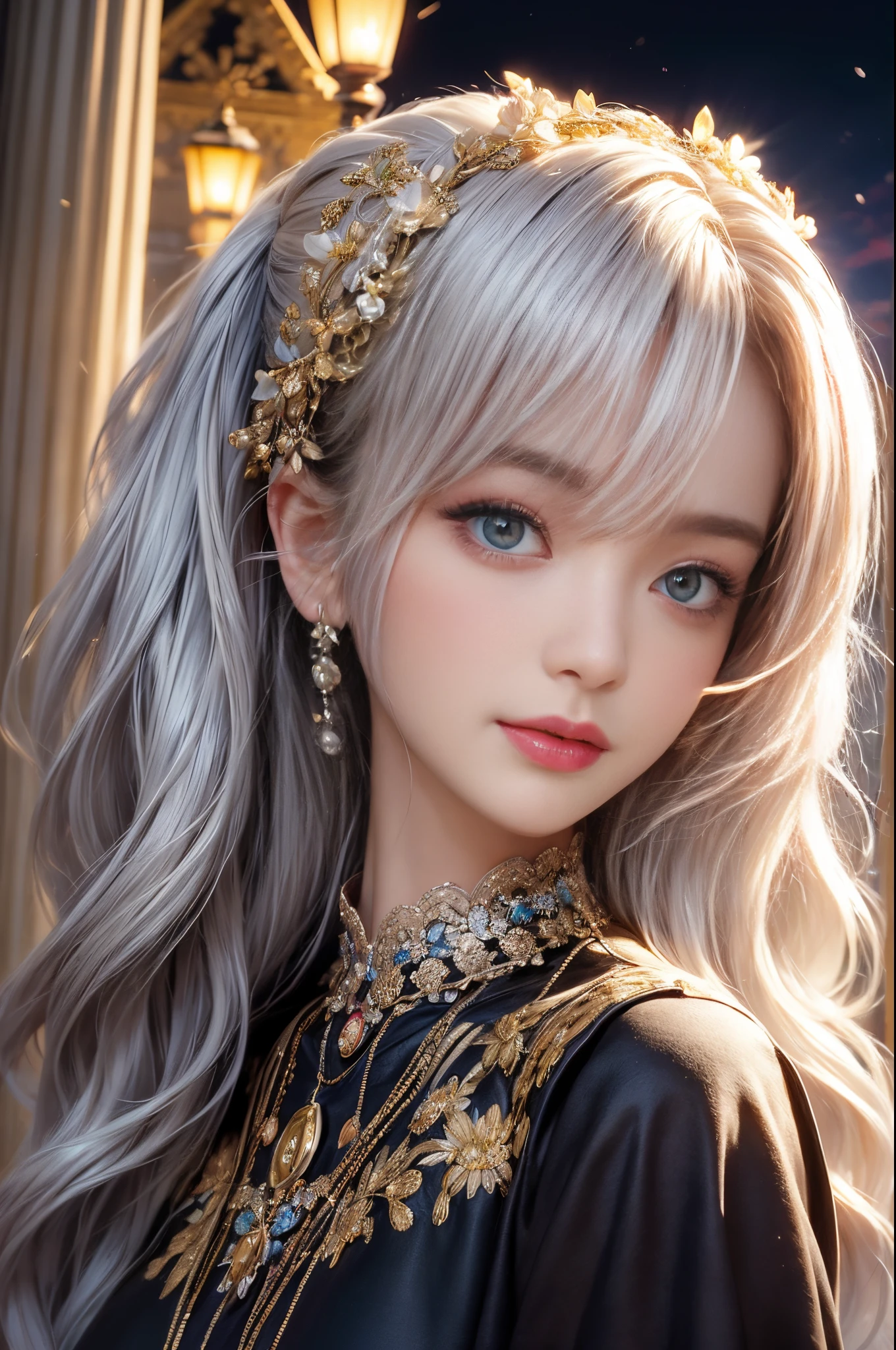 (Best quality,8K,1 plump girl,Colorful),(beautiful detailed eyes and face),电影lamplight,Broken,Ultra-detailed CG renderings,White hair,Alone,ssmile,Detailed dress,(Splendid petals),(Meadows full of flowers) sky sky, Cloudy_sky sky, architecture, rays of moonlight, themoon, natta,(Dark theme:1.3),lamplight, like a dream