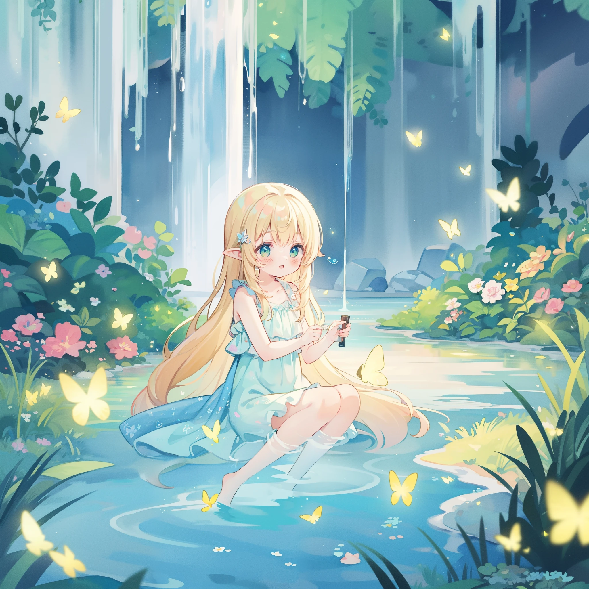 girl + cute + crystal clear water + oasis + pond + shells + perfect hands + blonde fringe + electric + badass [masterpiece, ultra detailed, well-made, award winning drawing, 8k, HD]