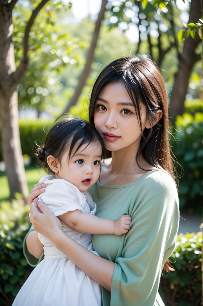 studio photo portrait that encapsulates the essence of motherhood with a Filipina woman in her thirties tenderly cradling her two-month-old infant. The scene is set against an fairy themed backdrop, adorned with mystical green colors evoking the feeling of coziness and familial love. capture the intricate details in the highest resolution possible (8K), ensuring every aspect of the serene moment is vividly portrayed, mother looking at camera