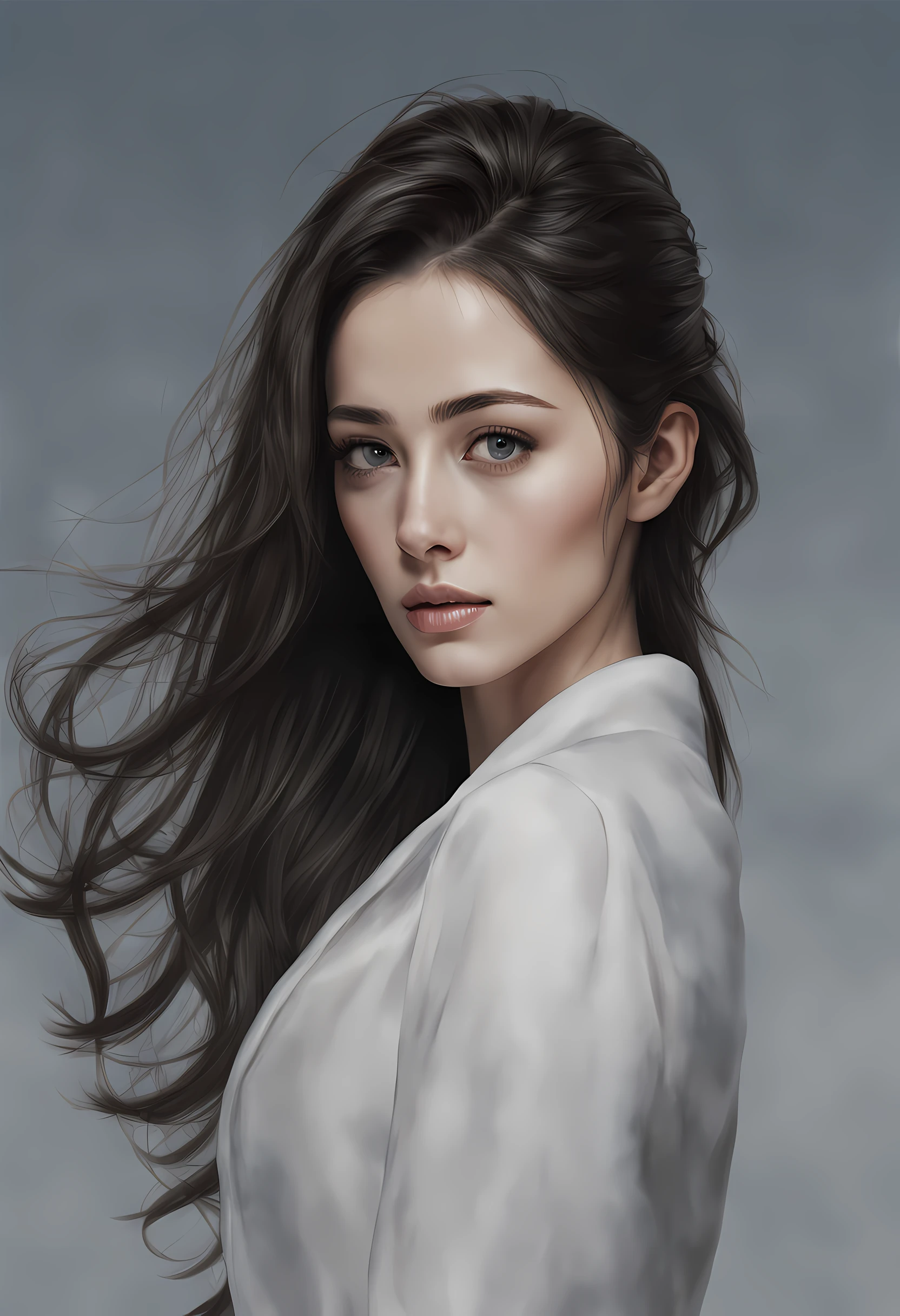 1 mulher, Cabelo castanho, olhos azuis escuros, olhando para o espectador, (Ultra Realista), (Increased resolution), (Extremamente Detalhado), (Olhos Bonitos e Detalhados), (Ultra Detalhado), (Obra-Prima), Rosto detalhado, Sorrindo,