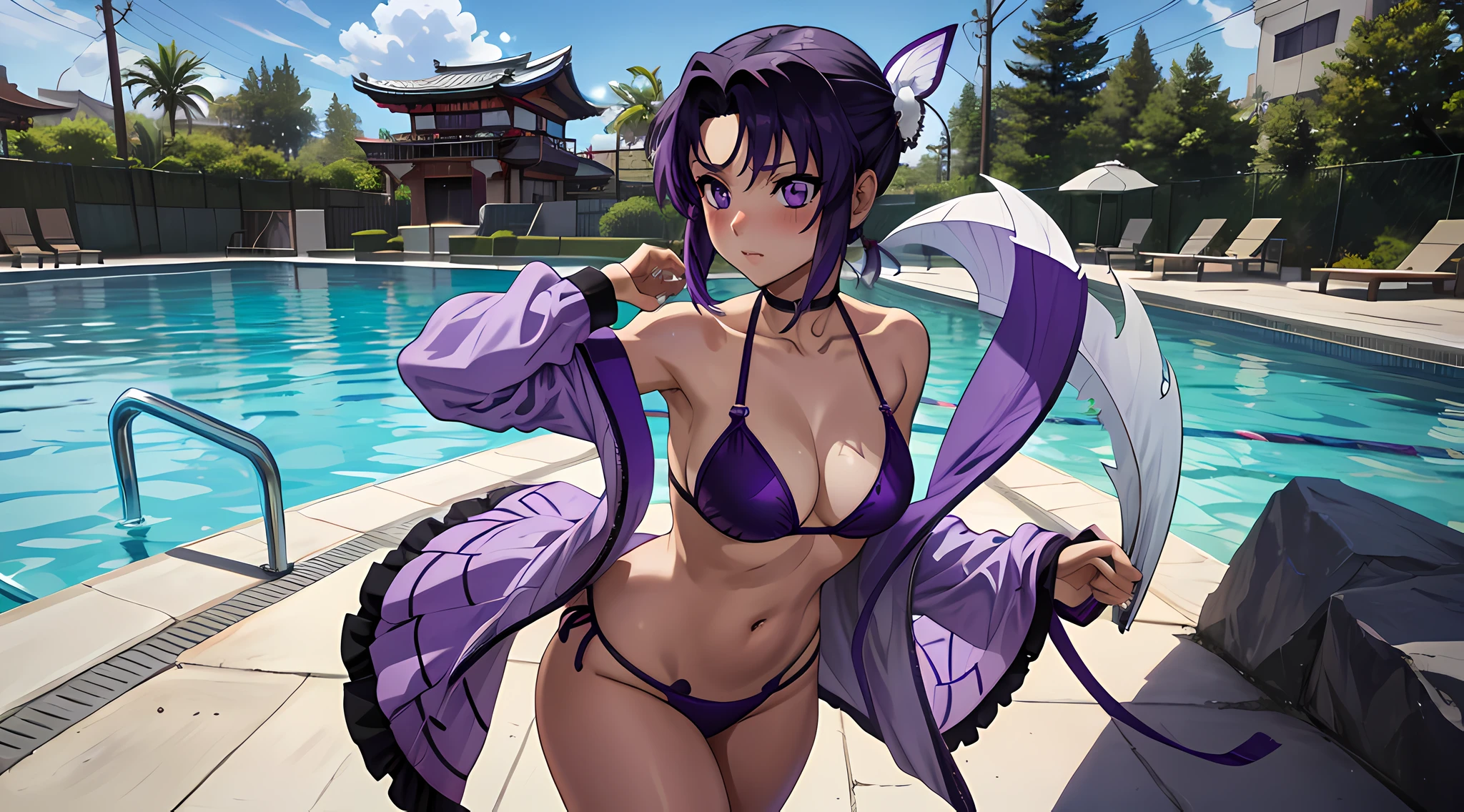 Shinobu Kochou, deamon slayer, purple string bikini as she walks aways, tiwisting her head back to look, purple eyes, sexy, pool, black to purple hair
