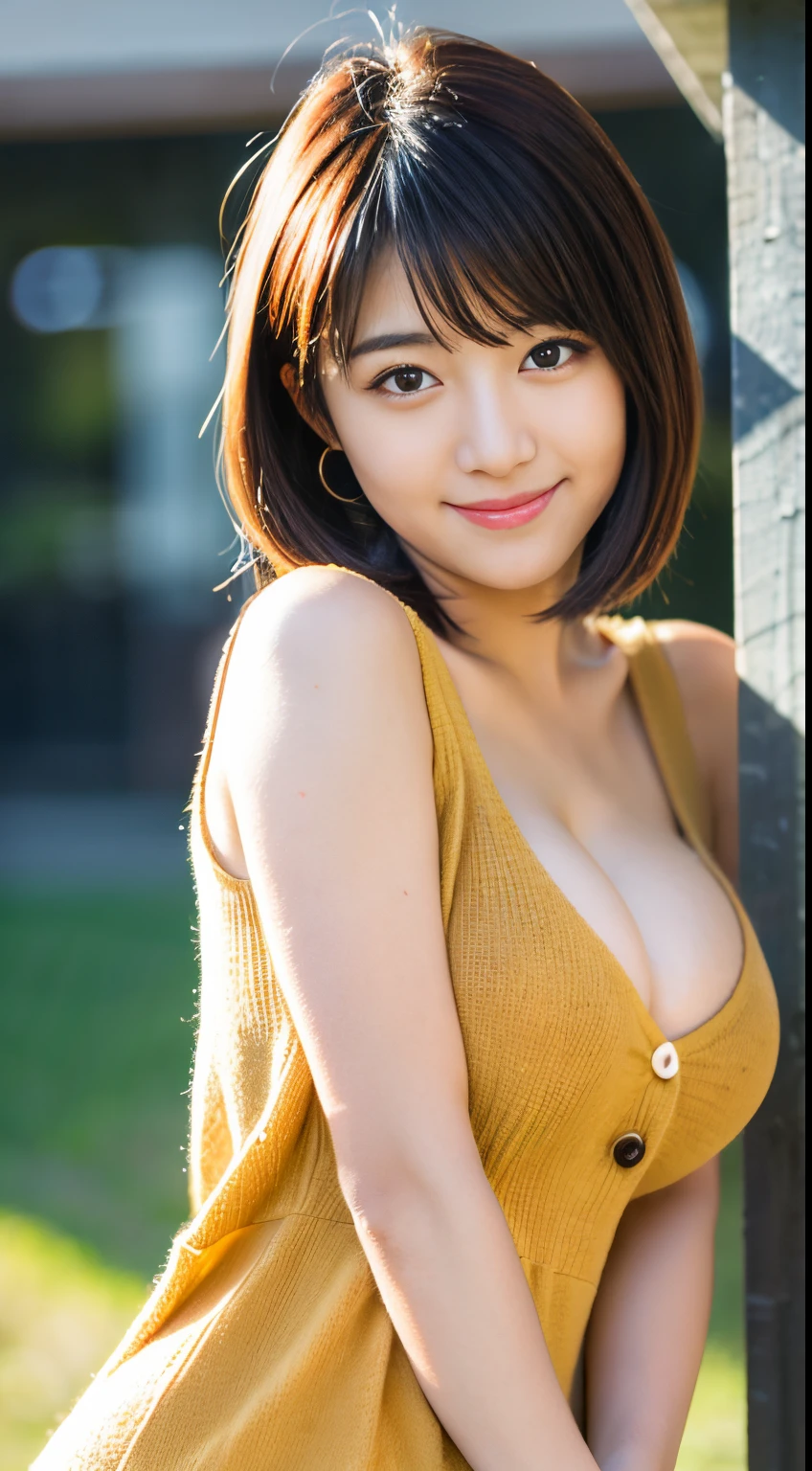 Best-quality, Masterpiece, Ultra-High-Resolution, (Photorealistic:1.4), Raw-Photo, Extremely-Details, Perfect-Anatomy, 1girl, 18-years-old, the most famous Japanese idol, cowboy-shot, upturned hip, looking at viewer, innocent smile, wearing only very tight and long colorful knit-dress with cute design, detailed extremely cute face like a most popular Japanese idol, detailed extremely beautiful big black solid circle eyes, detailed extremely beautiful short-cut-haired, detailed extremely beautiful realistic skins, detailed extremely beautiful hip, detailed extremely beautiful big breasts, detailed extremely beautiful body, detailed extremely beautiful thighs, detailed very tight long-length colorful knit-dress with cute design