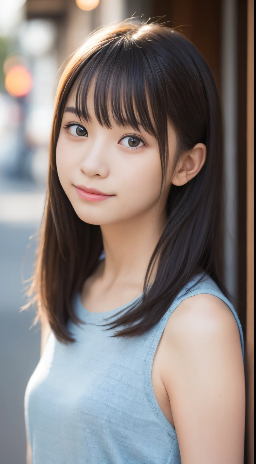 Cute 18 year old Japanese girl in white camisole、Translucent white skin、Pale pink cheeks,、Bust-up portrait、short hair、Looking into the camera、clavicle、High angle camera shooting