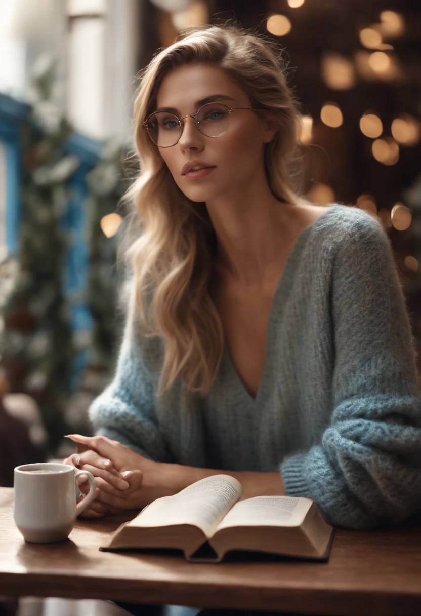 A photo of a character sitting at a cafe table with a cup of hot chocolate and a book, engrossed in reading.,original,[{{((Hair: light brown + short + messy))
((Eyes: large + blue + piercing + doe eyes))
((Facial features: long sharp face + sharp jawline + straight nose + pointed chin + thin lips + pale))
((Build: tall + slender + lean + lithe + strong + large hands))
((Appearance: glasses + sweaters + neat + put together))}}]