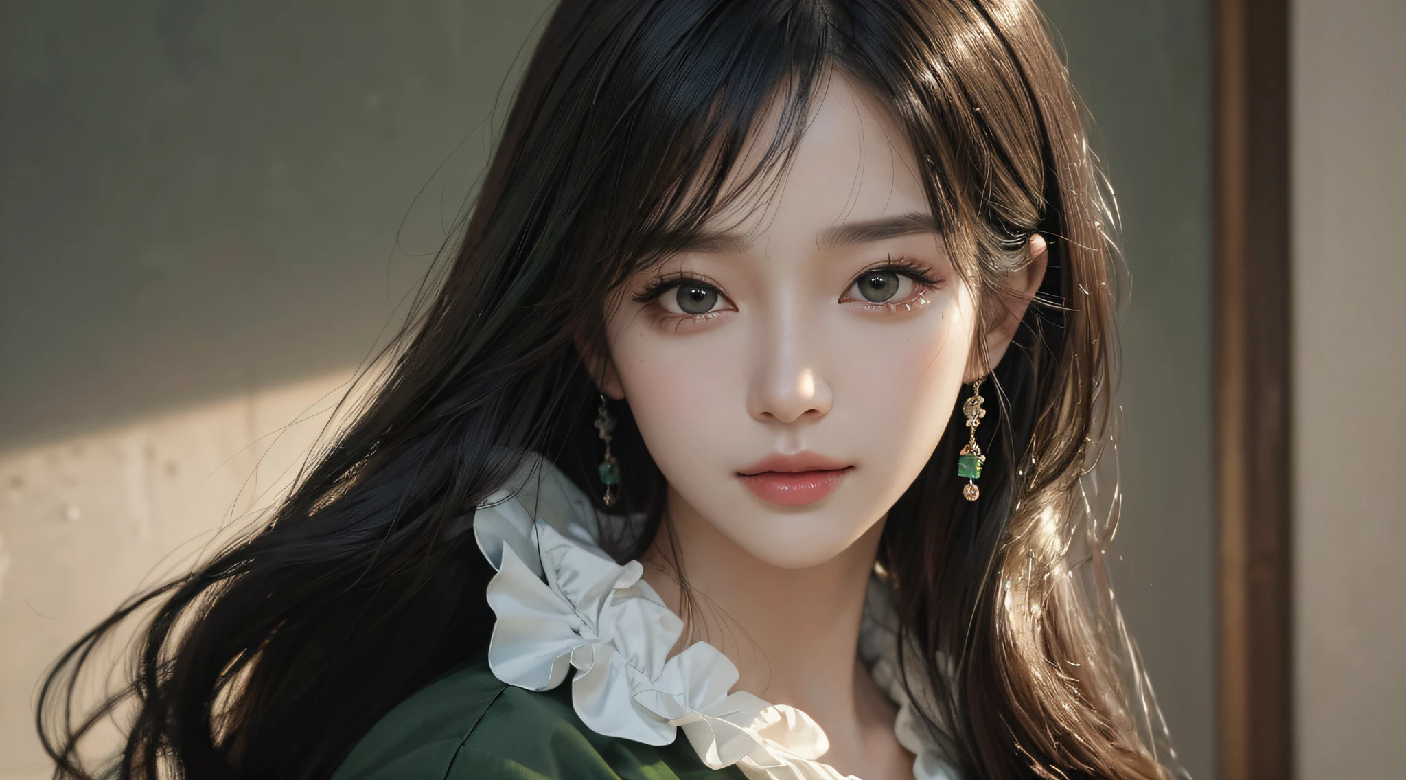 A close up of a woman with long hair wearing a green dress - SeaArt AI