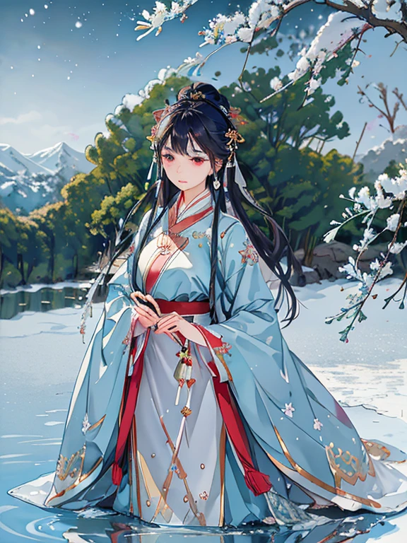 Best Quality, intricate details, High Resolution, (Beautiful water details: 1.4), (Hanfu fox cape,), 1 gentle woman, delicate facial features, eyes are wrapped in white gauze, Whole body, standing posture, Snow days, Flying snow