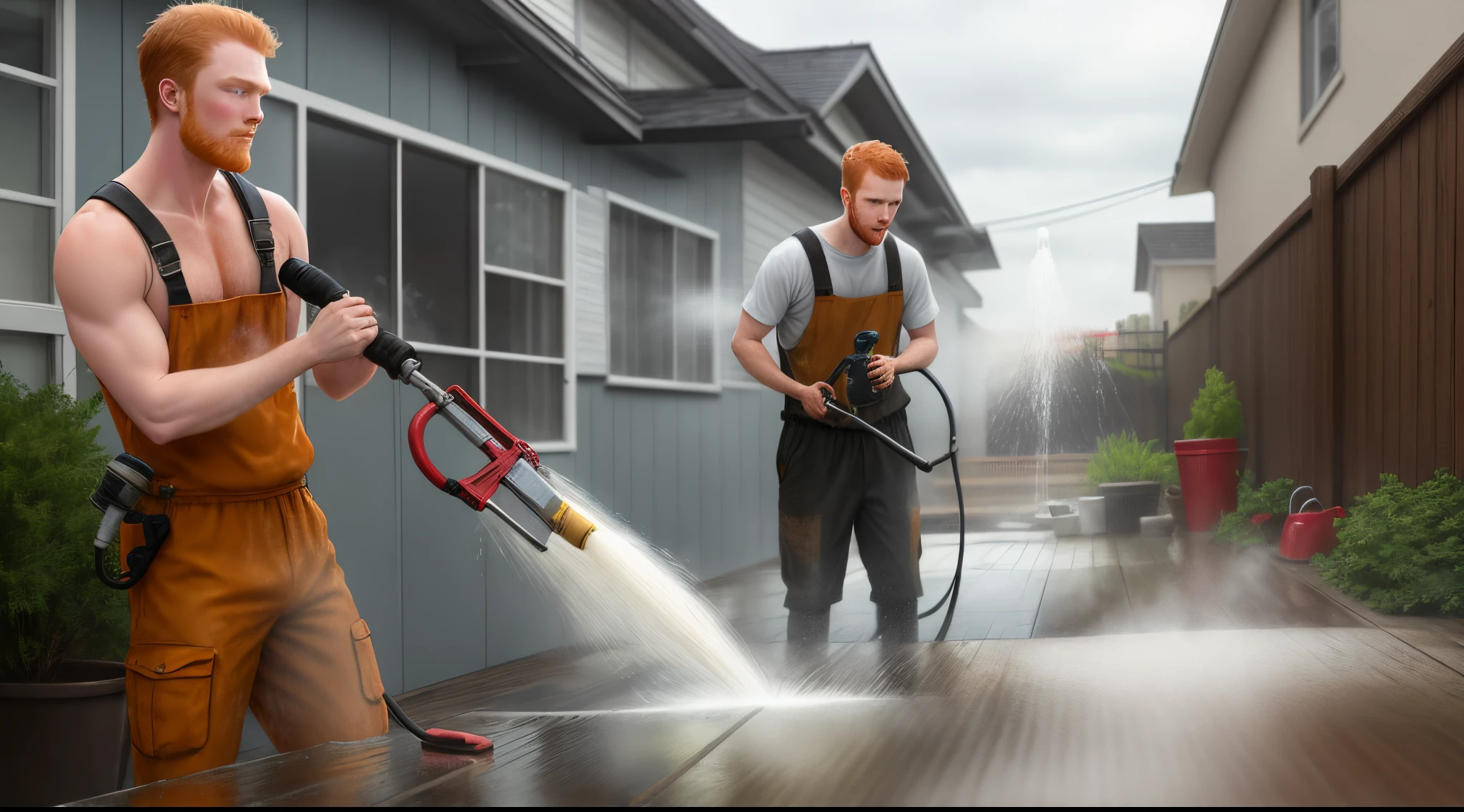 Ginger guy and brown haired Caucasian pressure washing