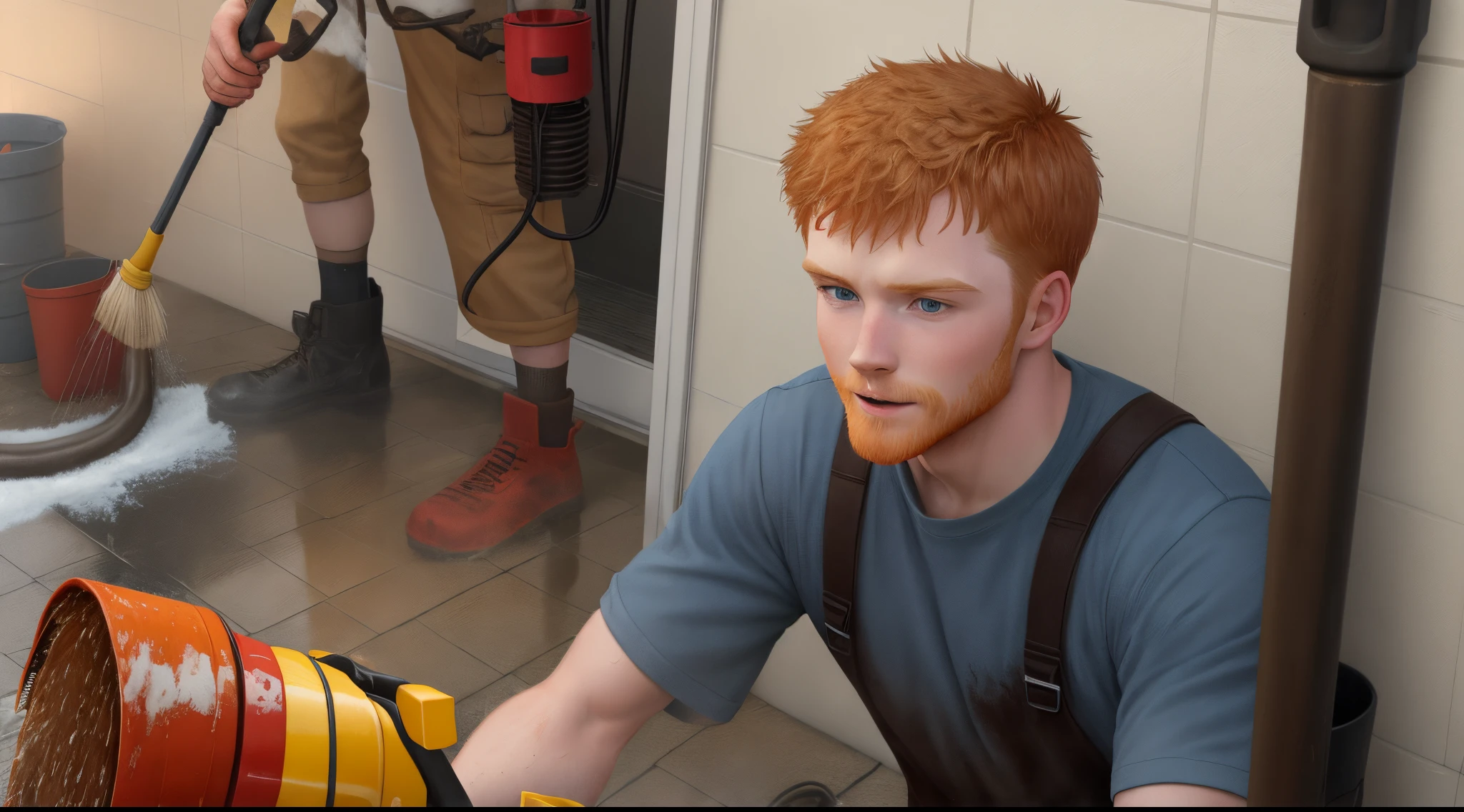Ginger guy and brown haired Caucasian pressure washing