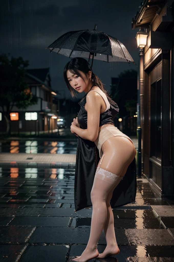 Japanese woman, mix4, silk stockings, (8k, RAW photo, best quality, masterpiece:1.2), (realistic, photo-realistic:1.37),cute,cityscape, night, rain, wet, professional lighting, photon mapping, radiosity, physically-based rendering,