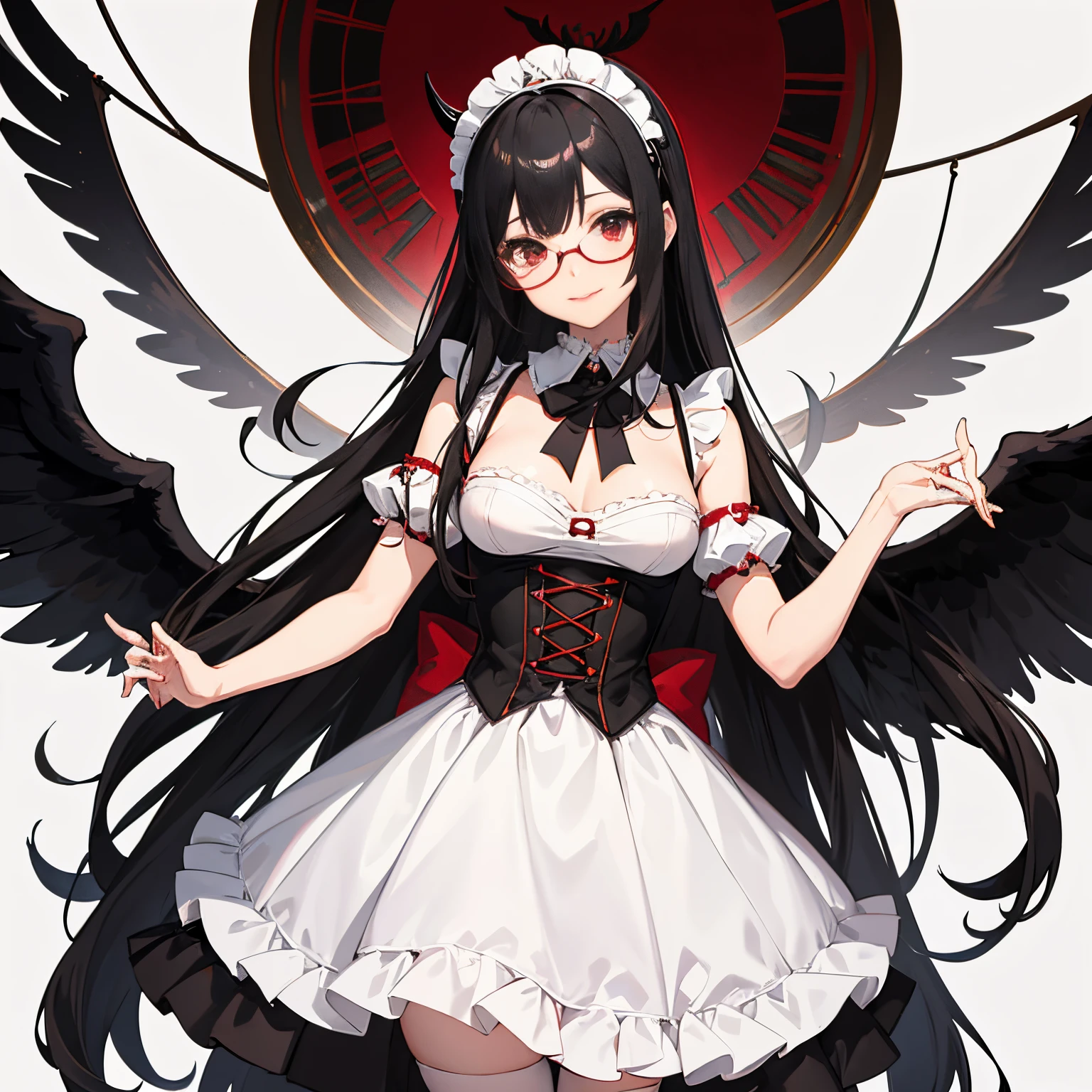 "anime girl, 1 person, black hair, shoulder length hair, red eyes, glasses, white horns, maid outfit, lolita maid, big breasts, stockings, licking lips, small black wings on her back, solo,  frontal view, (full HD 4K+ image)"