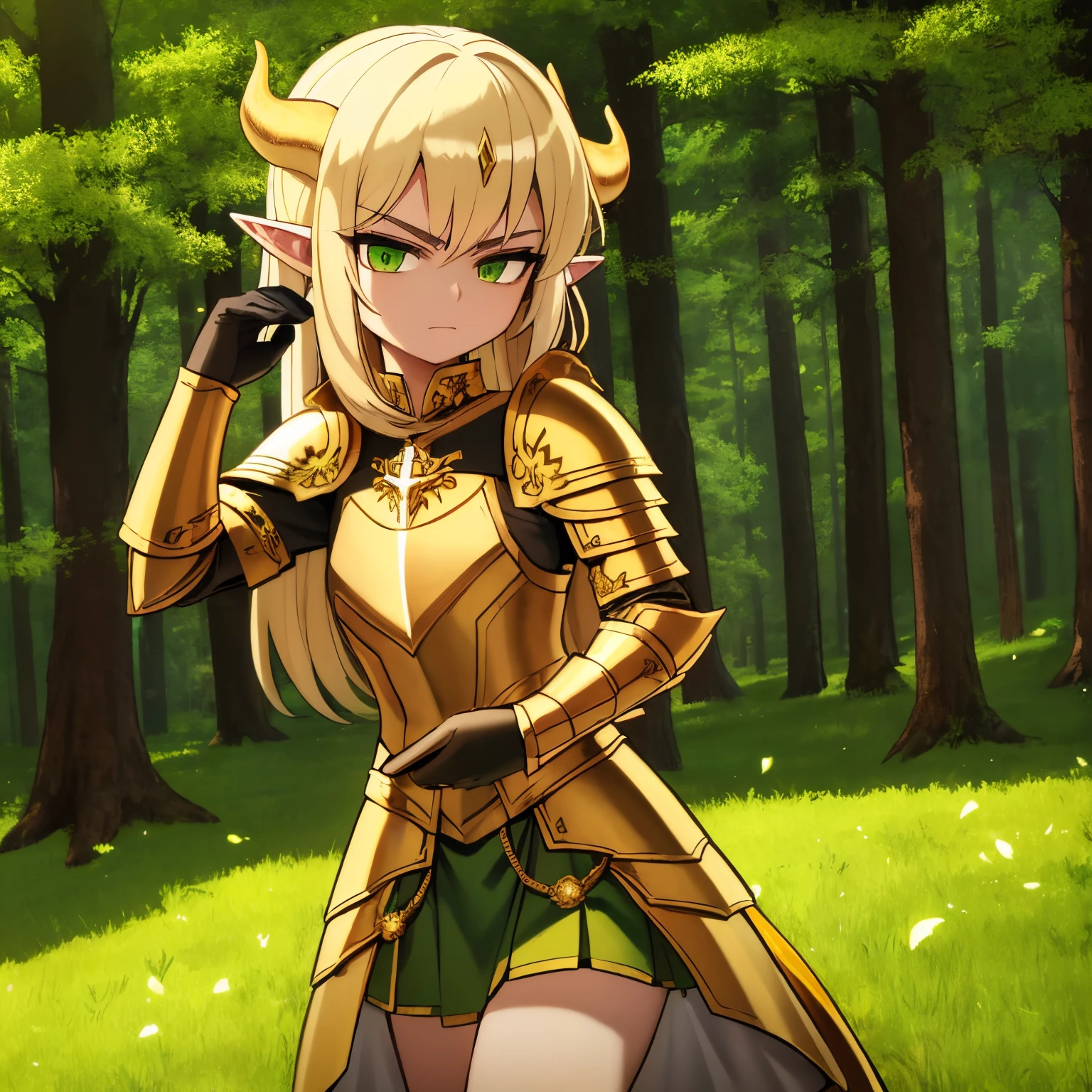 Young knightness, golden armor, elf, wood armor, green hairs, bull horns, green magic in hands, 4k, serious face, in a forest, lookong at viewer, masterpiece, hd, good anathomy, 4k